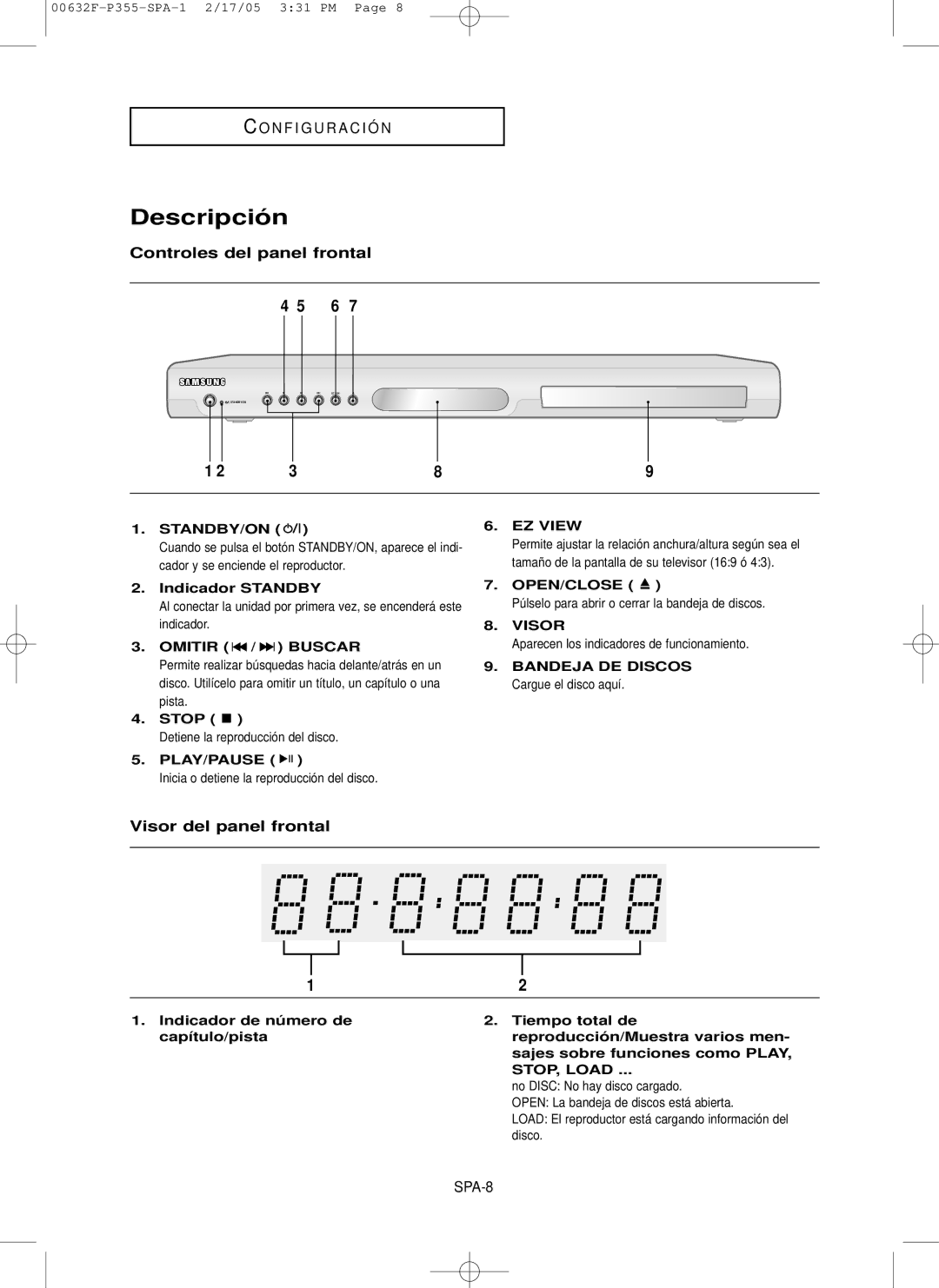 Samsung DVD-P355/XEC manual Descripció n, Controles del panel frontal, Visor del panel frontal 