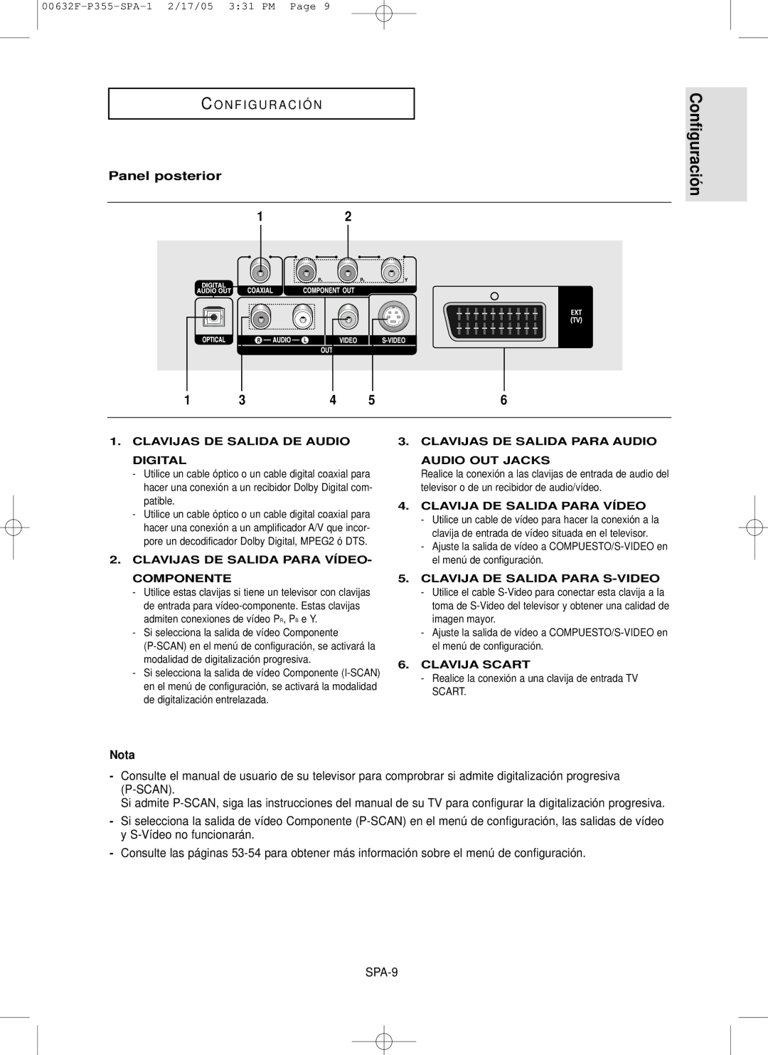 Samsung DVD-P355/XEC manual Panel posterior, Nota, Realice la conexión a una clavija de entrada TV Scart 