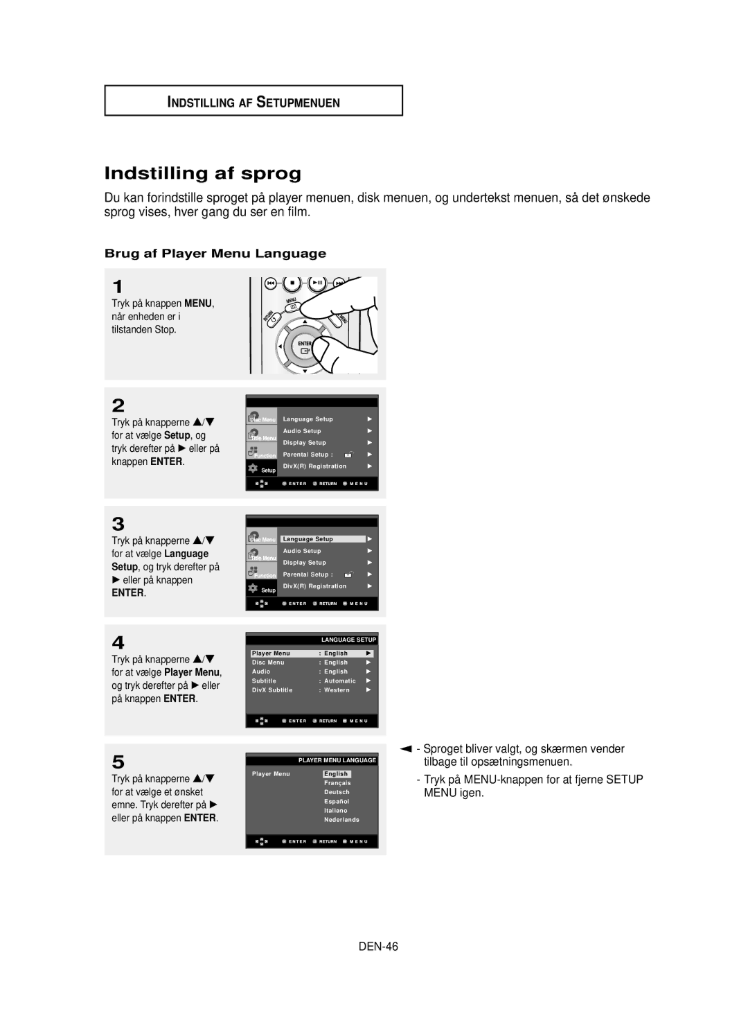 Samsung DVD-P355/XEE manual Indstilling af sprog, Brug af Player Menu Language, DEN-46, Setup, og 