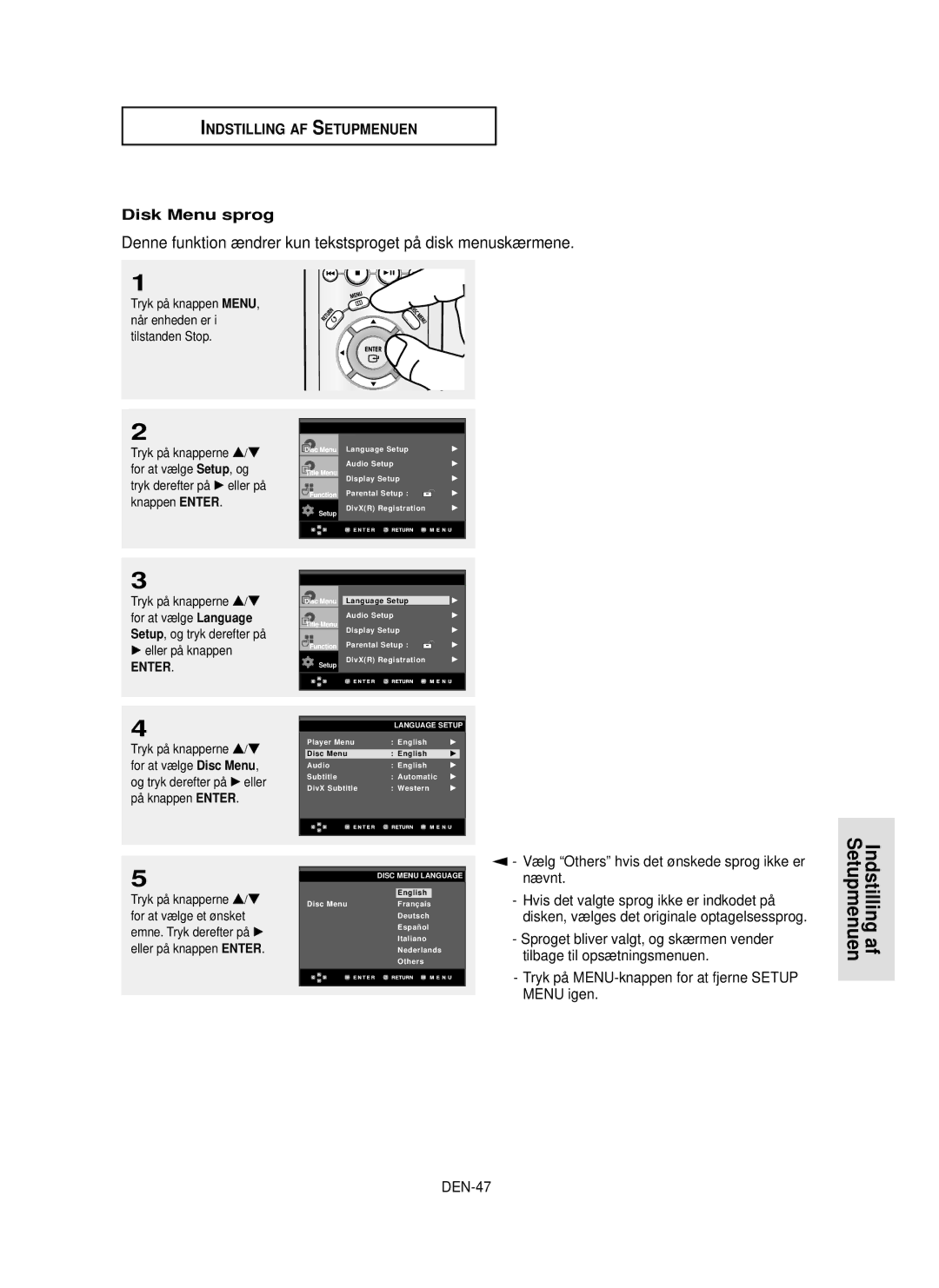 Samsung DVD-P355/XEE manual Denne funktion ændrer kun tekstsproget på disk menuskærmene, Disk Menu sprog, Nævnt, DEN-47 