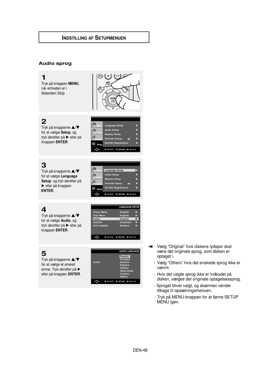 Samsung DVD-P355/XEE manual Audio sprog, Optaget, DEN-48, Audio, og 