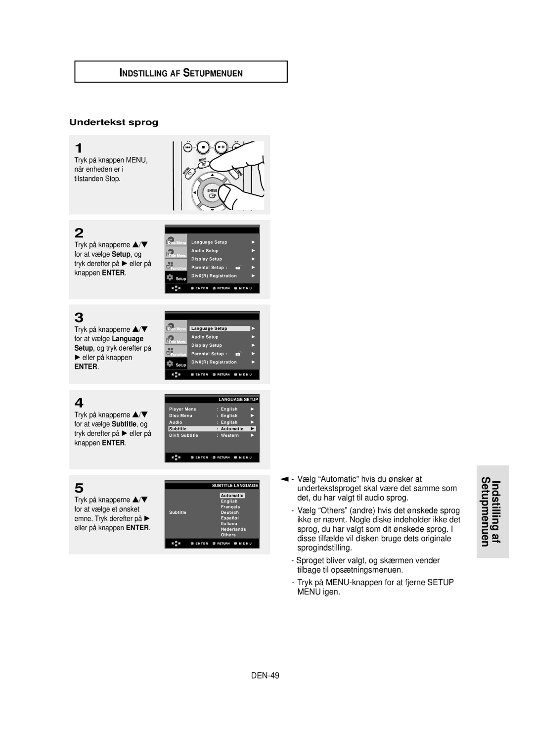 Samsung DVD-P355/XEE manual Undertekst sprog, Sprogindstilling, Menu igen, DEN-49 