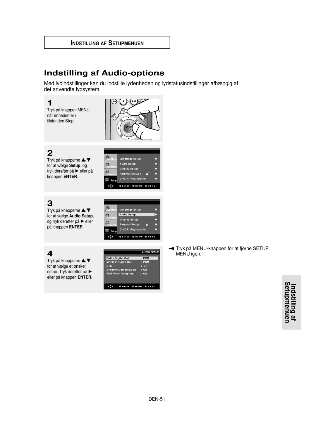 Samsung DVD-P355/XEE manual Indstilling af Audio-options, DEN-51, For at vælge Audio Setup 