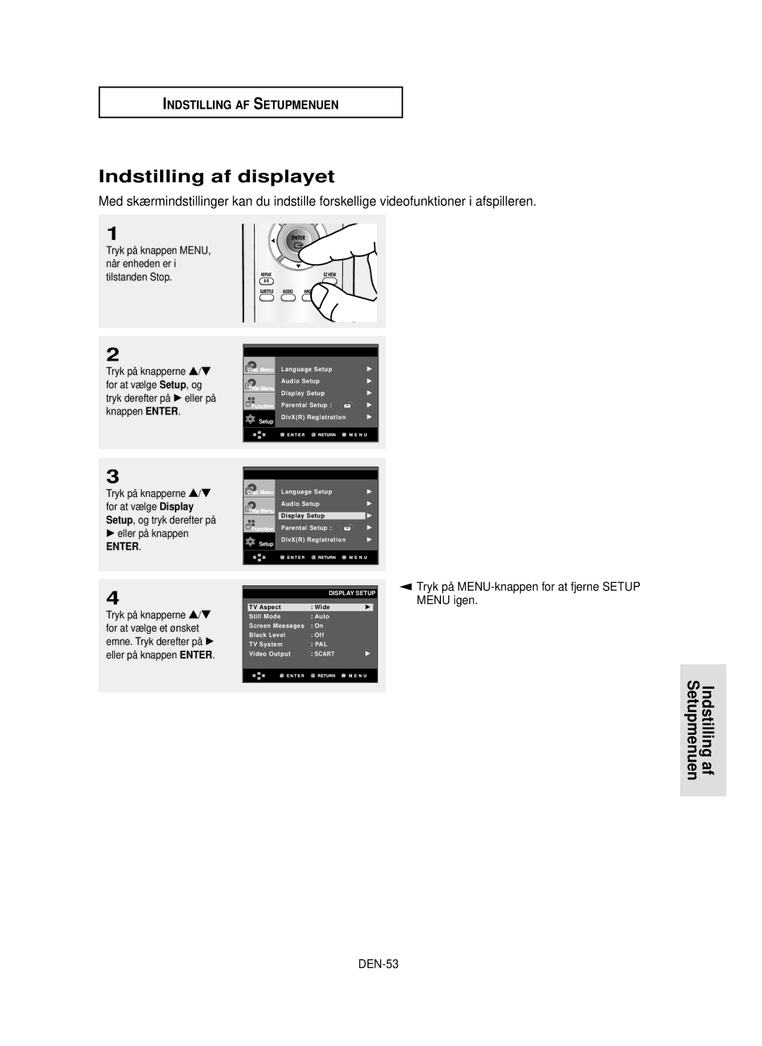 Samsung DVD-P355/XEE manual Indstilling af displayet, DEN-53, Display 