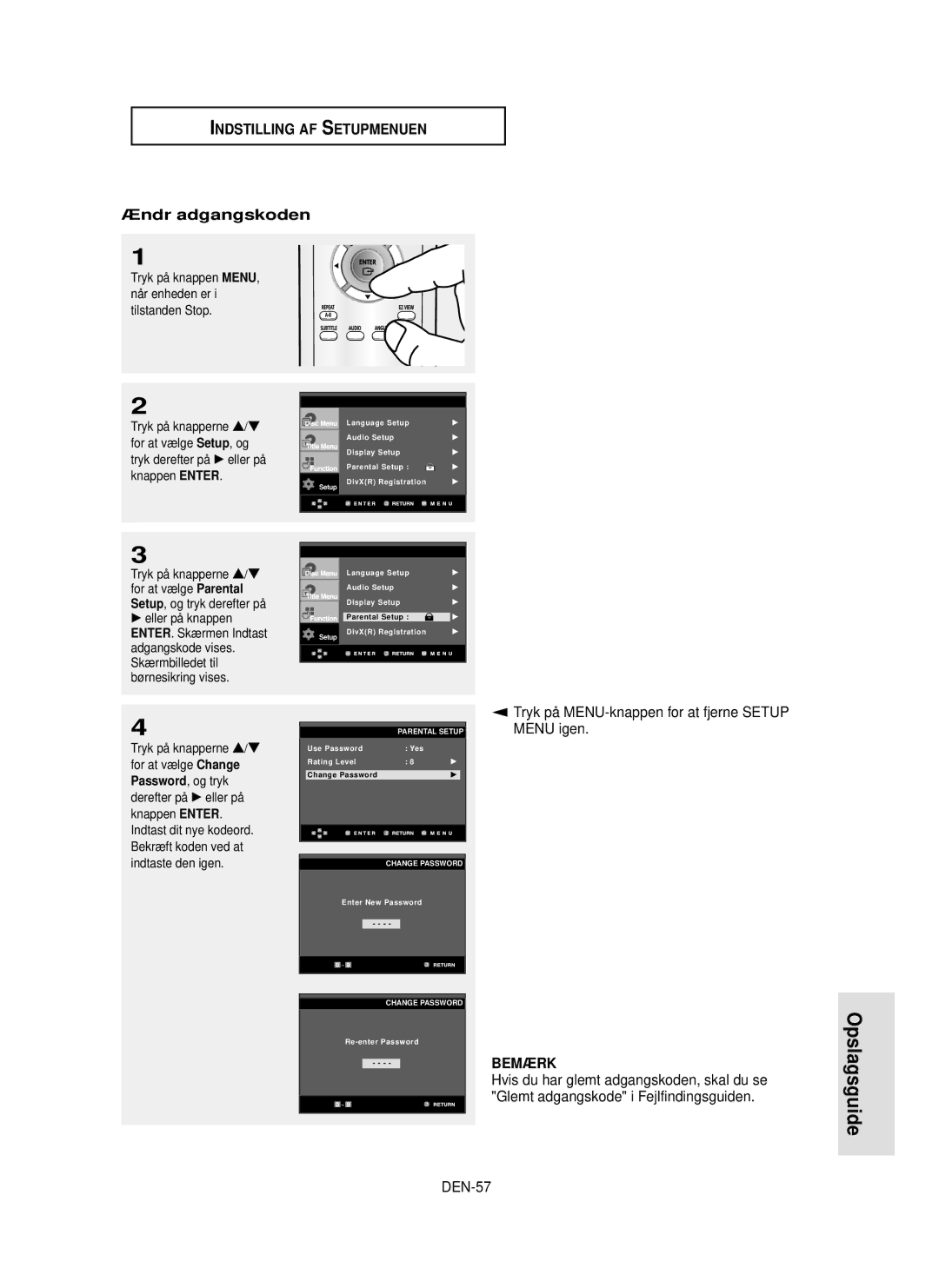 Samsung DVD-P355/XEE manual Opslagsguide, Ændr adgangskoden, DEN-57, Setup, og tryk derefter på, Change 