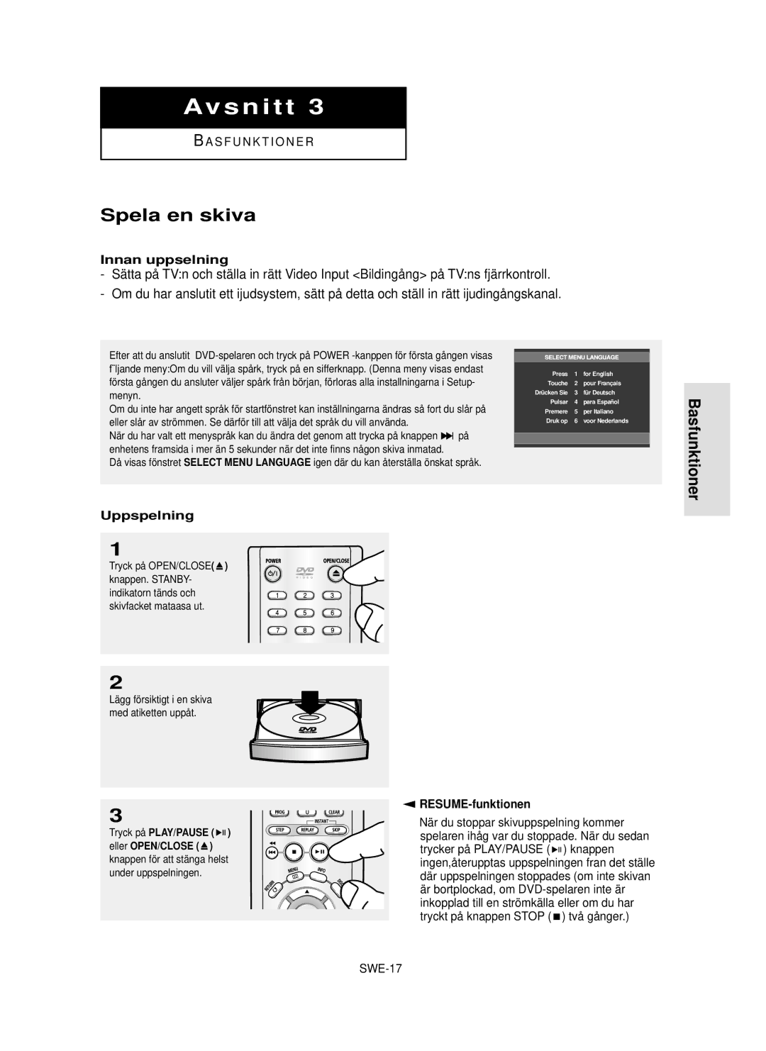 Samsung DVD-P355/XEE manual Spela en skiva, Basfunktioner, Innan uppselning, Uppspelning, RESUME-funktionen 