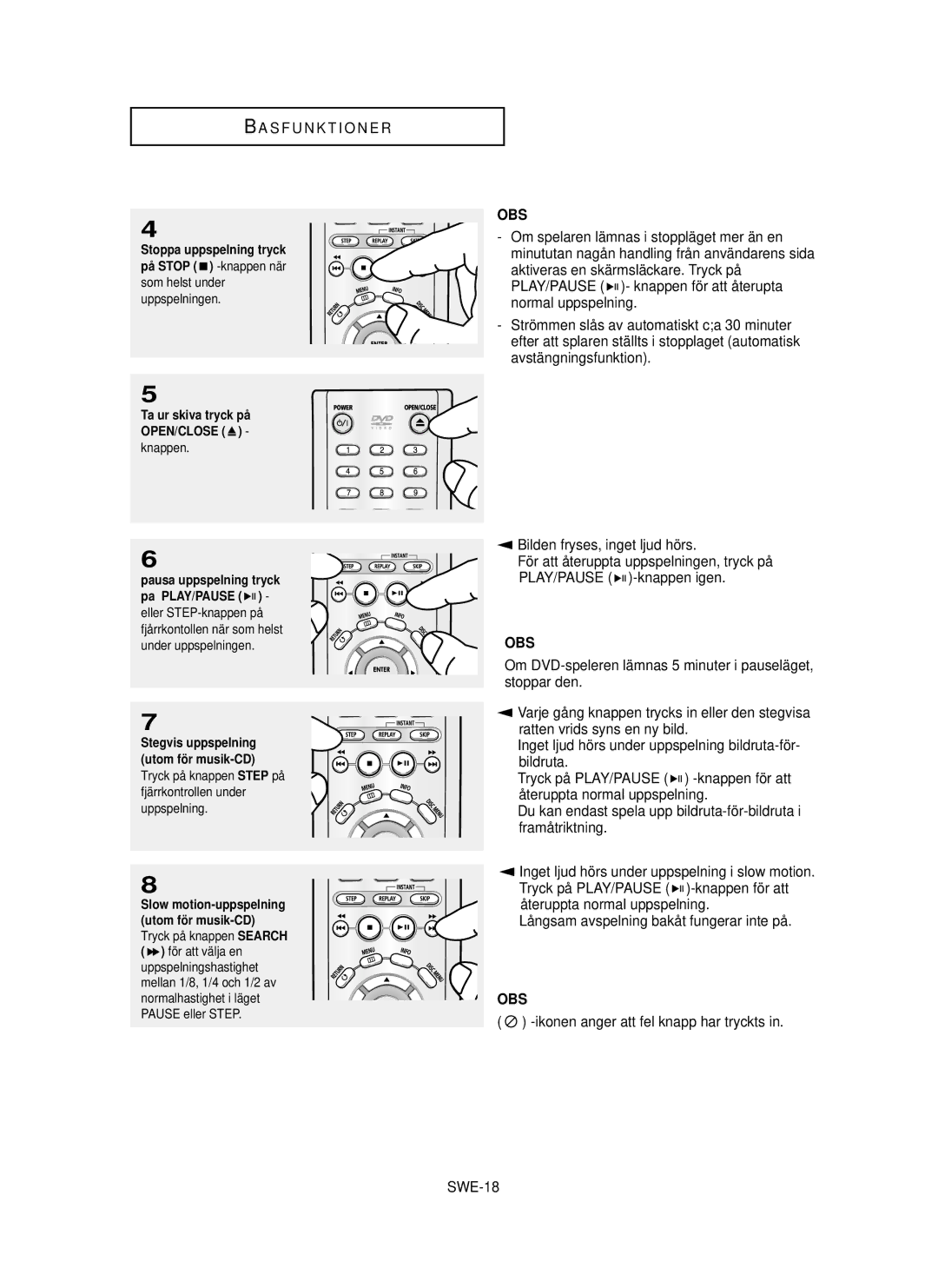 Samsung DVD-P355/XEE manual Bildruta, För att, Framåtriktning, Ikonen anger att fel knapp har tryckts SWE-18 