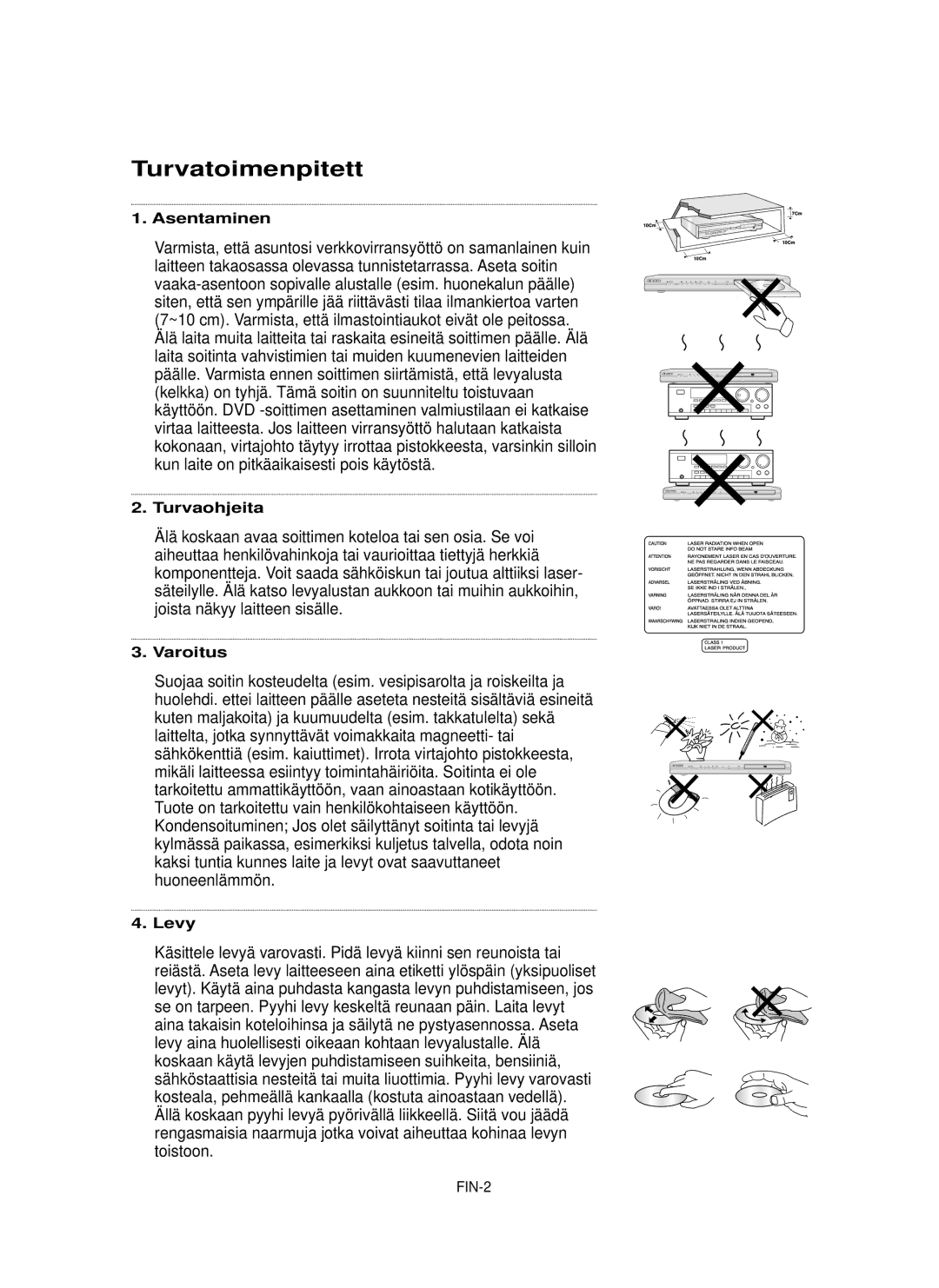 Samsung DVD-P355/XEE manual Turvatoimenpitett, Asentaminen, Turvaohjeita, Varoitus, Levy 