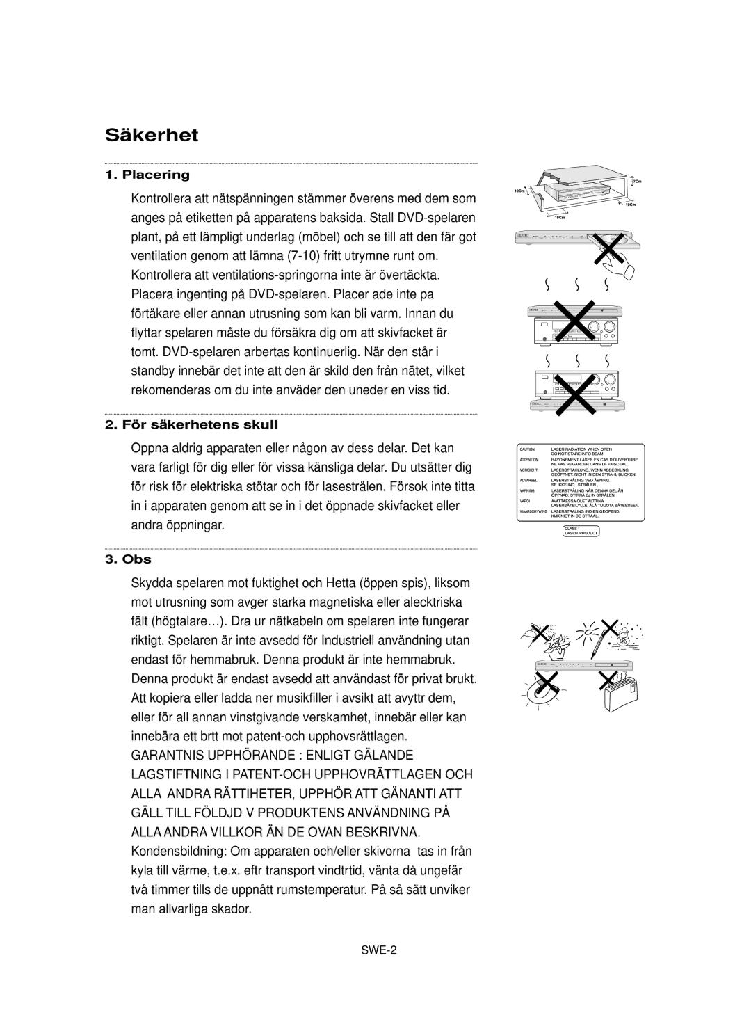 Samsung DVD-P355/XEE manual Säkerhet, Oppna aldrig apparaten eller någon av dess delar. Det kan, Andra öppningar 