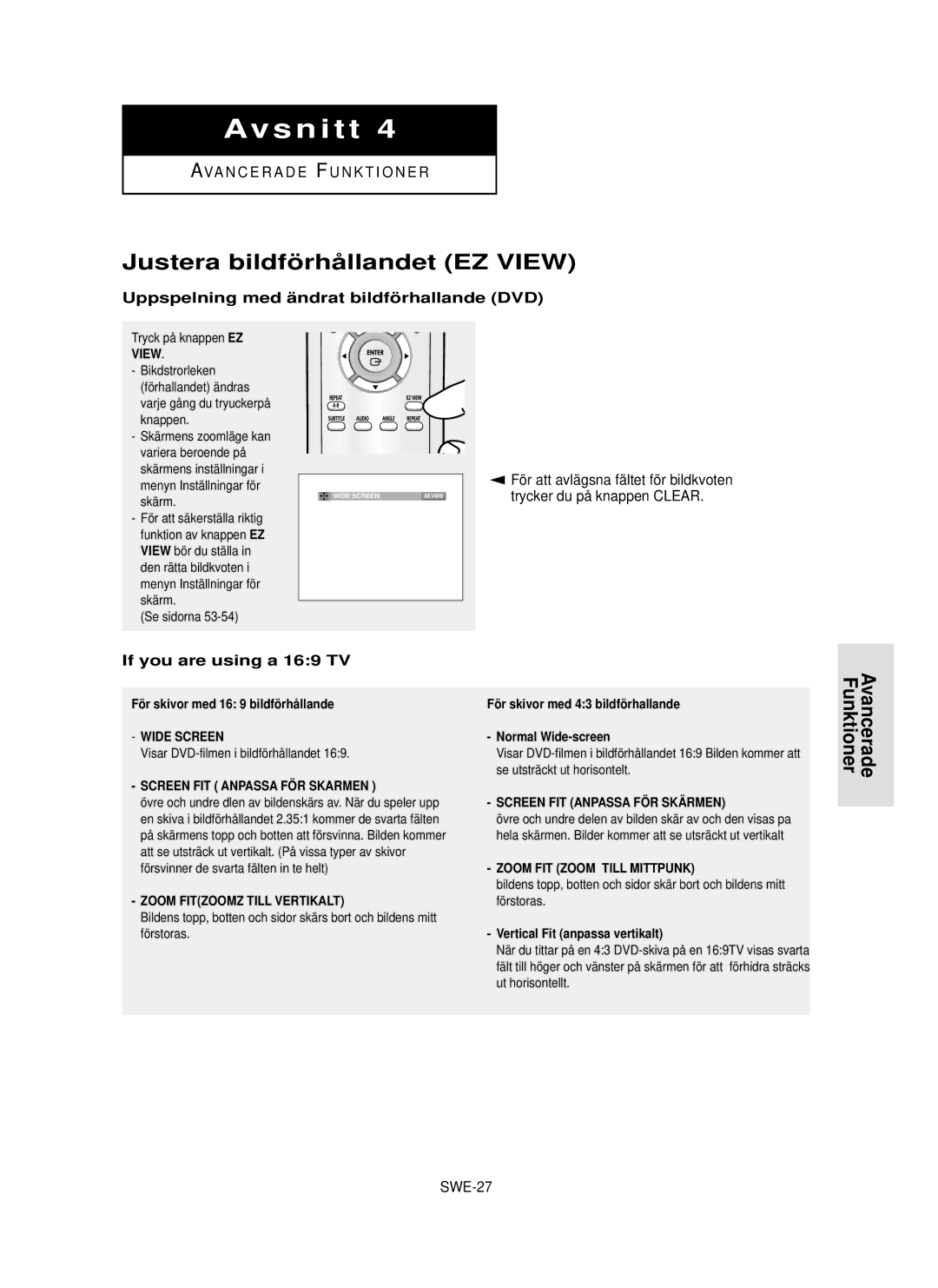 Samsung DVD-P355/XEE manual Justera bildfö rhå llandet EZ View, Avancerade Funktioner, If you are using a 169 TV, SWE-27 