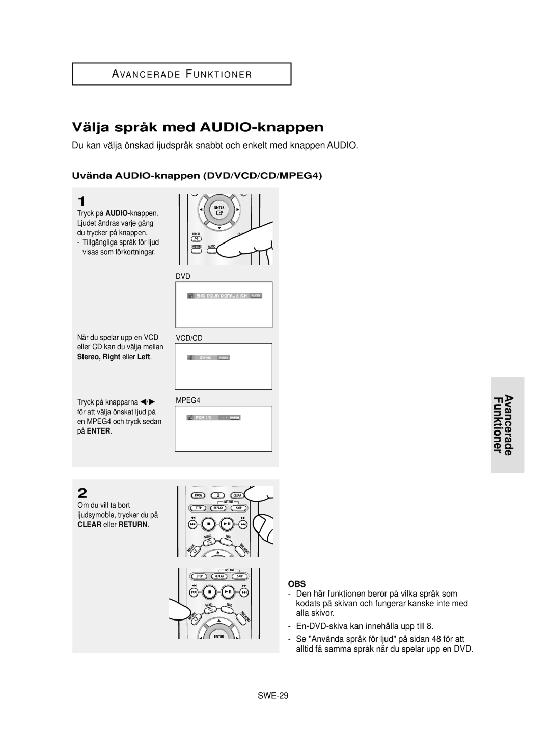 Samsung DVD-P355/XEE manual Välja språk med AUDIO-knappen, Uvända AUDIO-knappen DVD/VCD/CD/MPEG4, SWE-29 