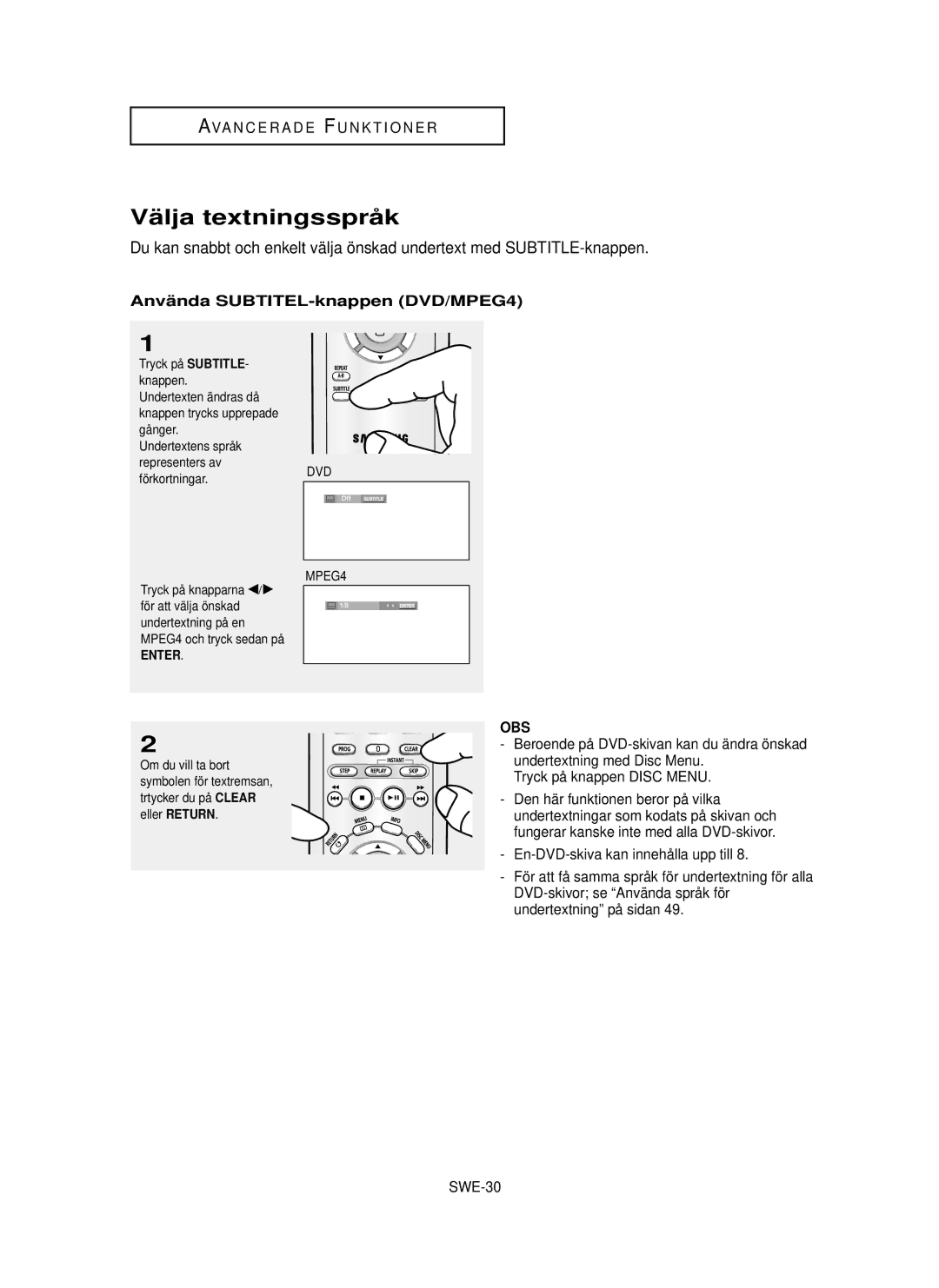 Samsung DVD-P355/XEE manual Vä lja textningssprå k, Anvä nda SUBTITEL-knappen DVD/MPEG4, Tryck på knappen Disc Menu, SWE-30 