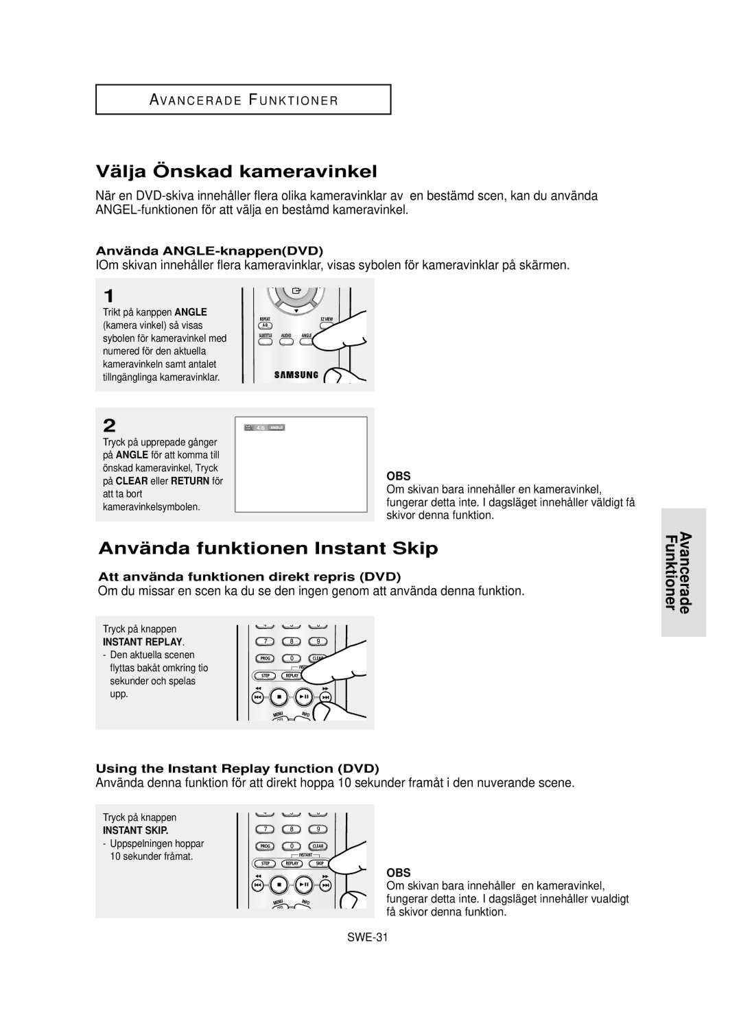 Samsung DVD-P355/XEE manual Vä lja Ö nskad kameravinkel, Anvä nda funktionen Instant Skip, Anvä nda ANGLE-knappenDVD 