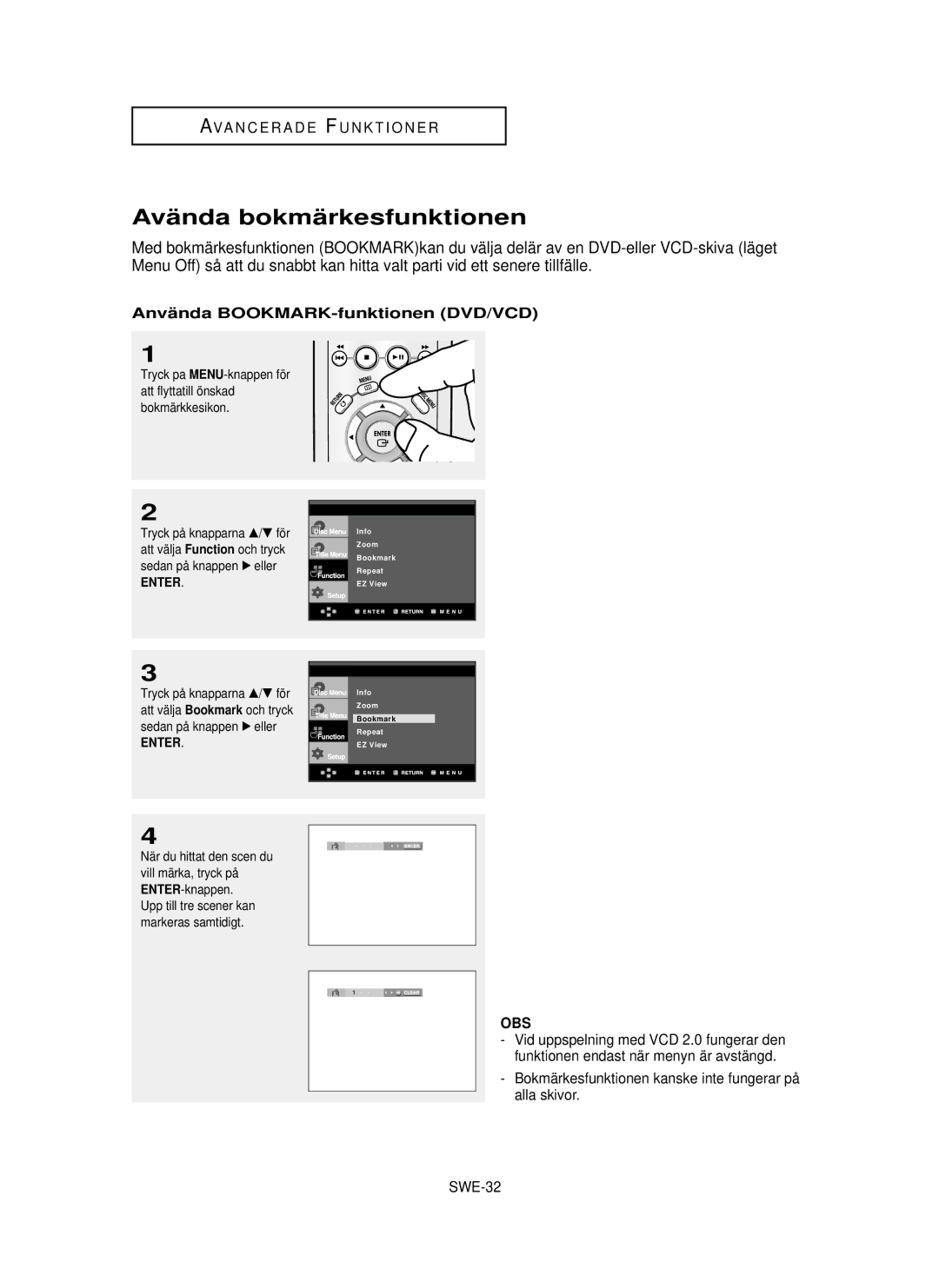 Samsung DVD-P355/XEE manual Avä nda bokmä rkesfunktionen, Anvä nda BOOKMARK-funktionen DVD/VCD, SWE-32, Bokmärkkesikon 
