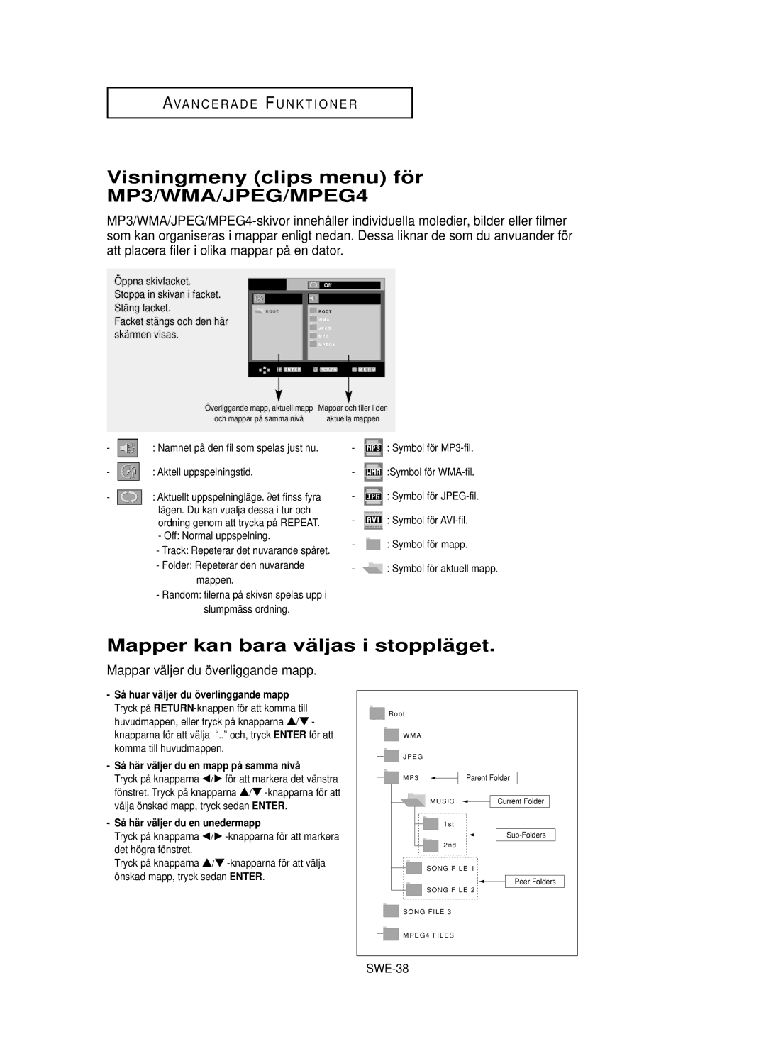 Samsung DVD-P355/XEE manual Visningmeny clips menu fö r MP3/WMA/JPEG/MPEG4, Mapper kan bara vä ljas i stopplä get, SWE-38 