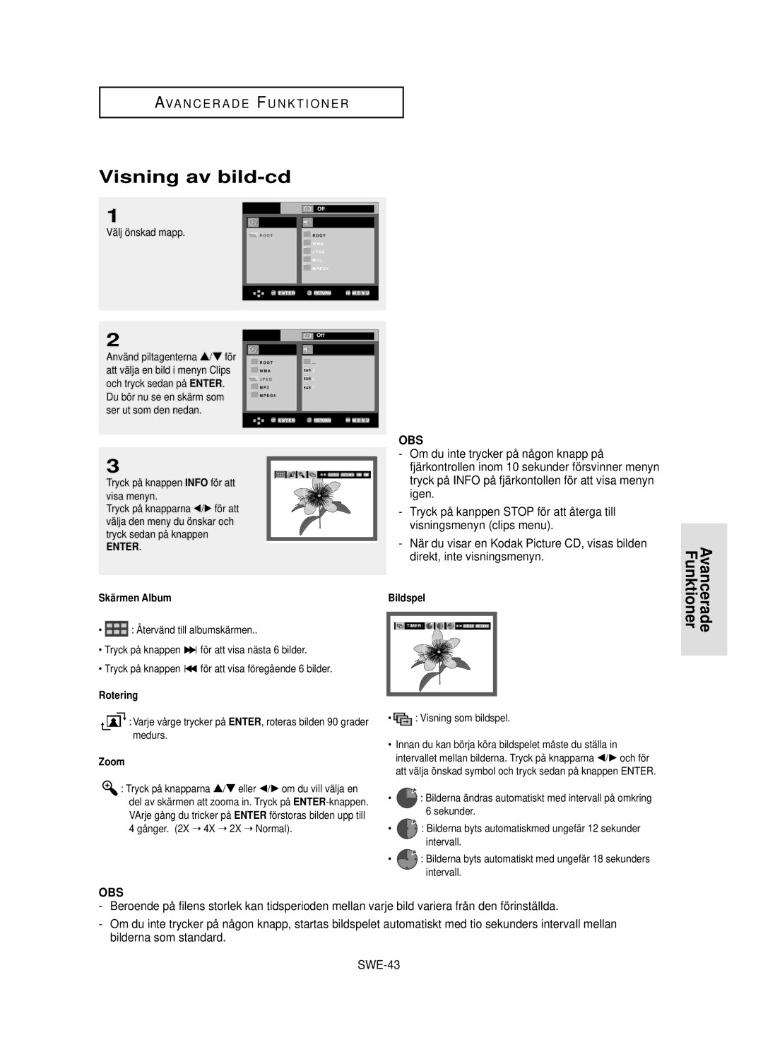 Samsung DVD-P355/XEE manual Visning av bild-cd, SWE-43, Skä rmen Album, Rotering, Zoom 