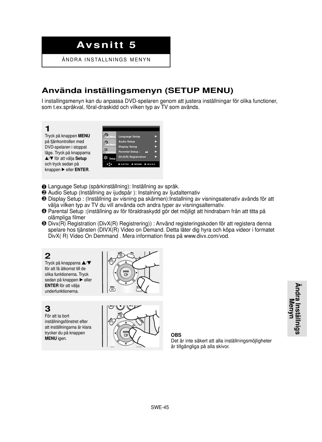 Samsung DVD-P355/XEE manual Anvä nda instä llingsmenyn Setup Menu, Ndra, SWE-45 