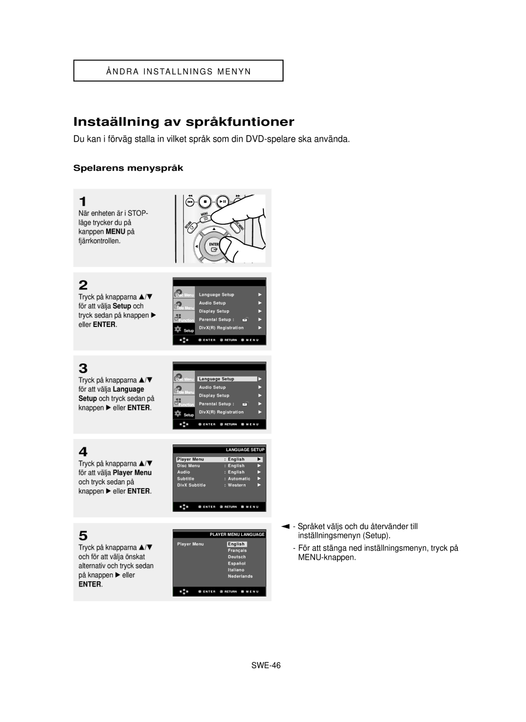 Samsung DVD-P355/XEE manual Instaä llning av språ kfuntioner, Spelarens menysprå k, SWE-46, För att välja Setup och 