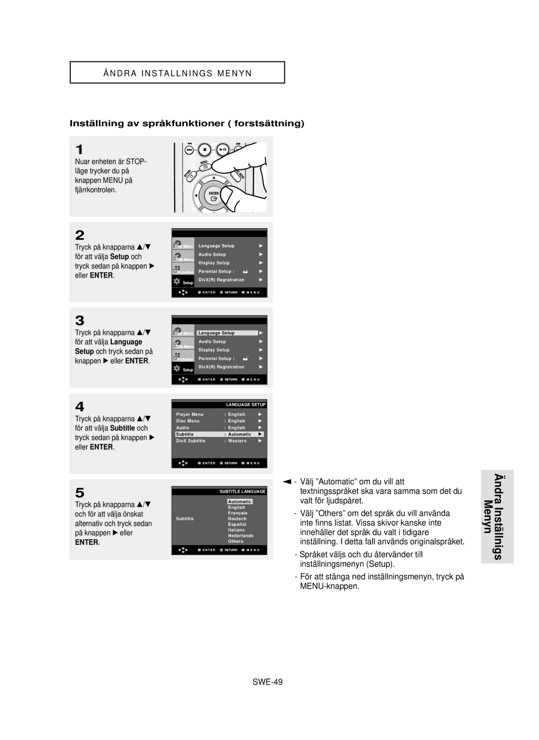 Samsung DVD-P355/XEE manual Ndra Instä llnigs Menyn, Instä llning av språ kfunktioner forstsä ttning, SWE-49 