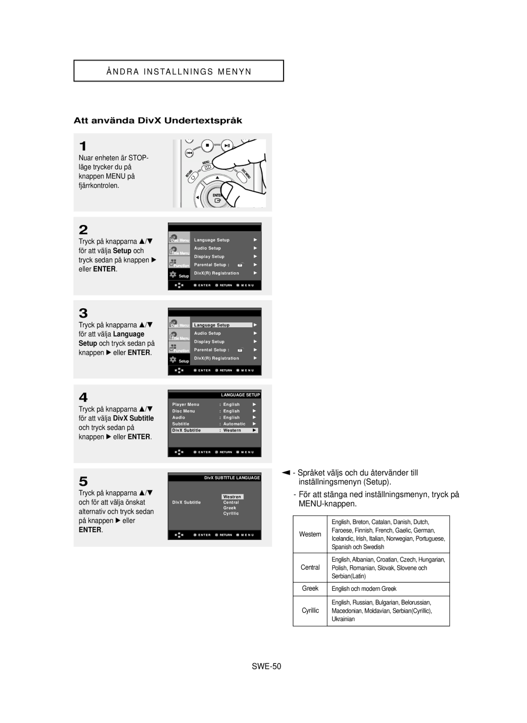 Samsung DVD-P355/XEE manual Att anvä nda DivX Undertextsprå k, Språket väljs och du återvänder till, SWE-50 