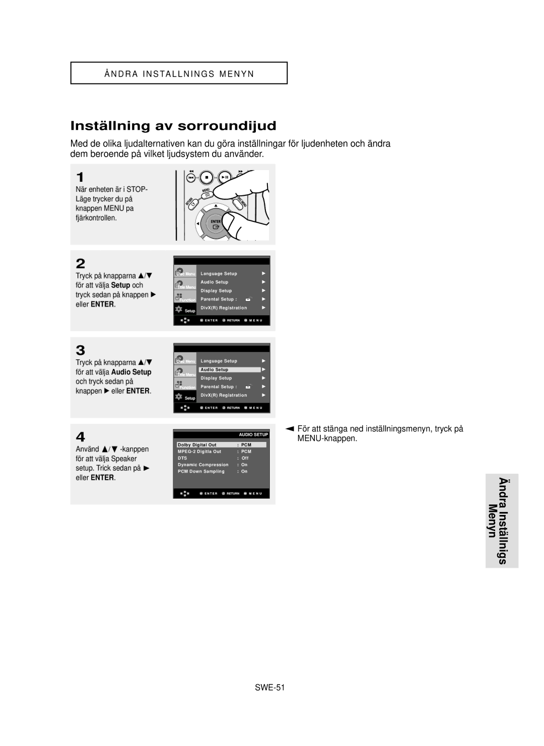 Samsung DVD-P355/XEE manual Instä llning av sorroundijud, SWE-51, Knappen √ eller Enter Använd /❷ -kanppen 