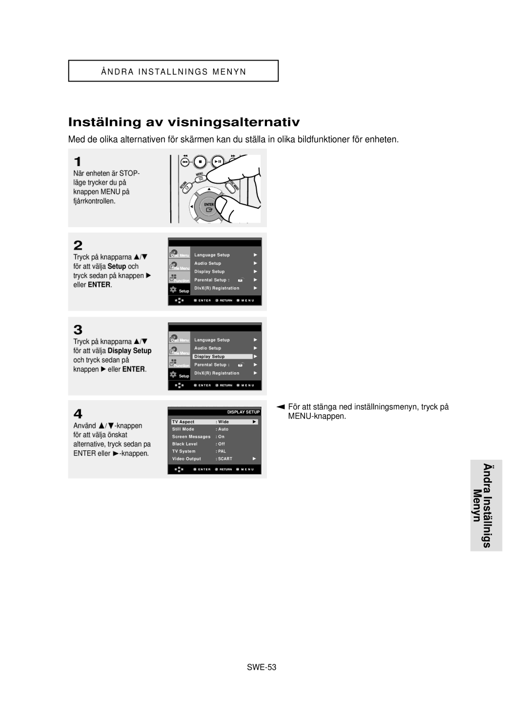 Samsung DVD-P355/XEE manual Instä lning av visningsalternativ, SWE-53, För att välja önskat 