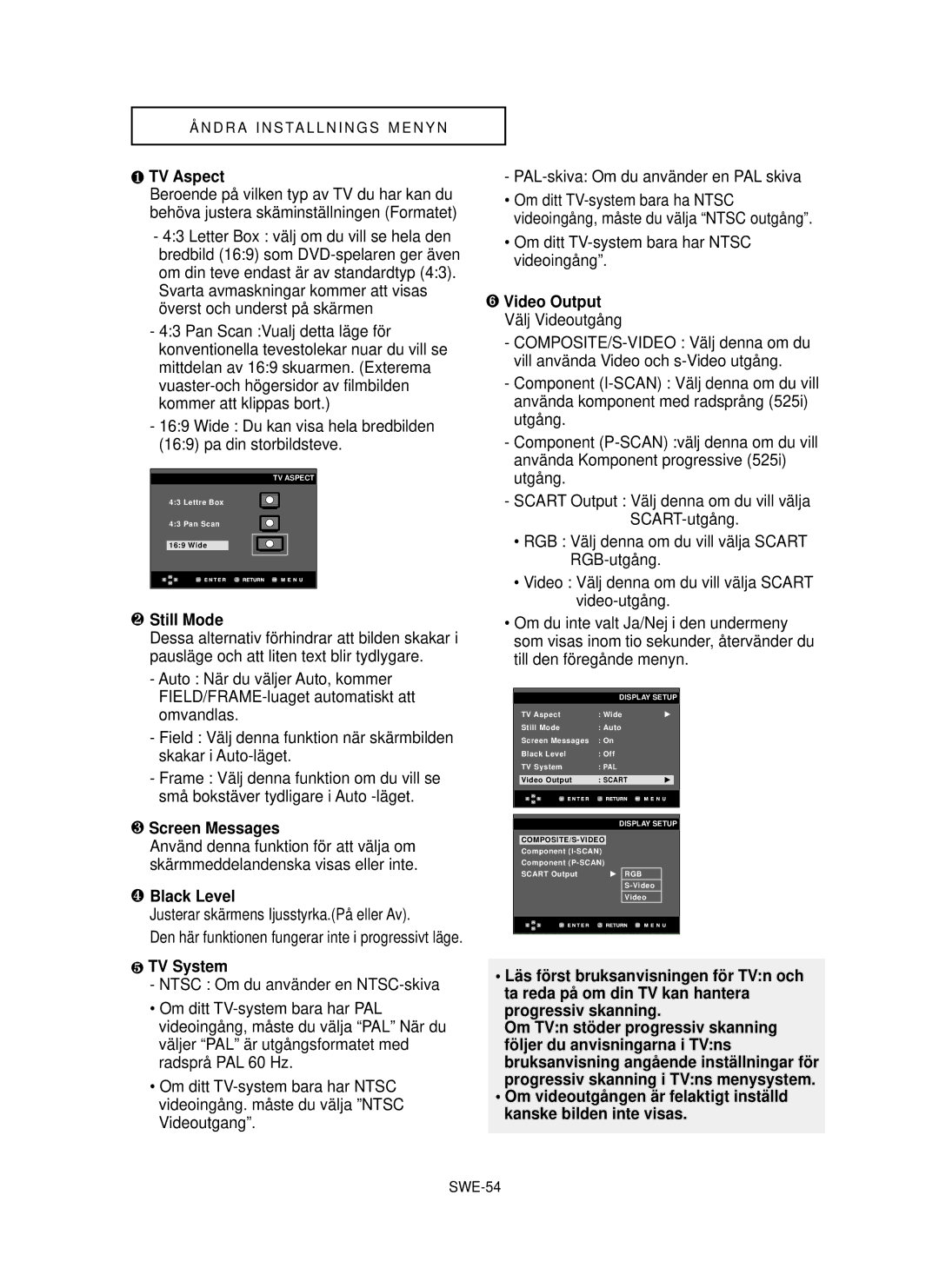 Samsung DVD-P355/XEE manual Överst och underst på skärmen, Ntsc Om du använder en NTSC-skiva, SWE-54 