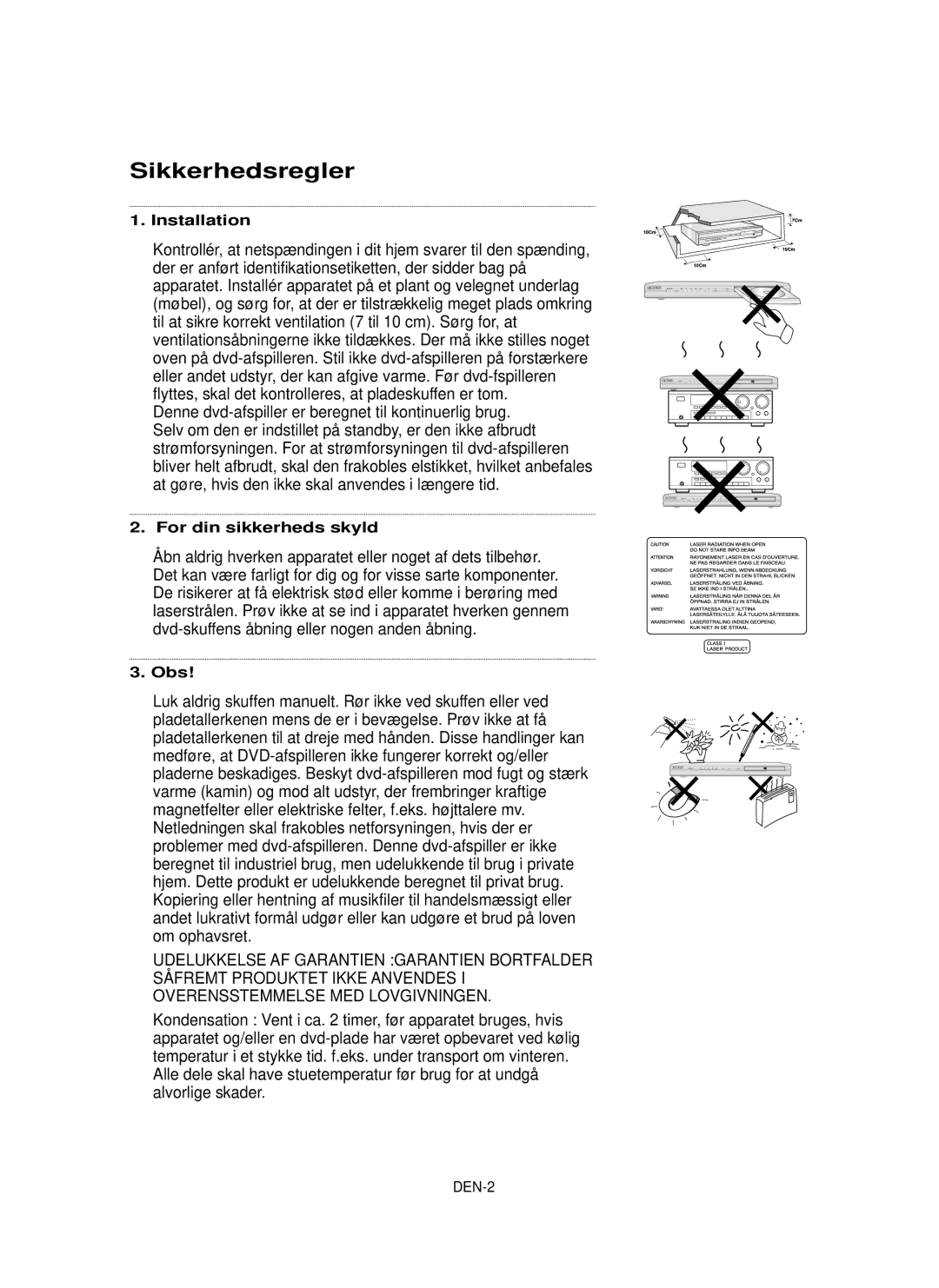 Samsung DVD-P355/XEE manual Sikkerhedsregler, Installation, For din sikkerheds skyld 