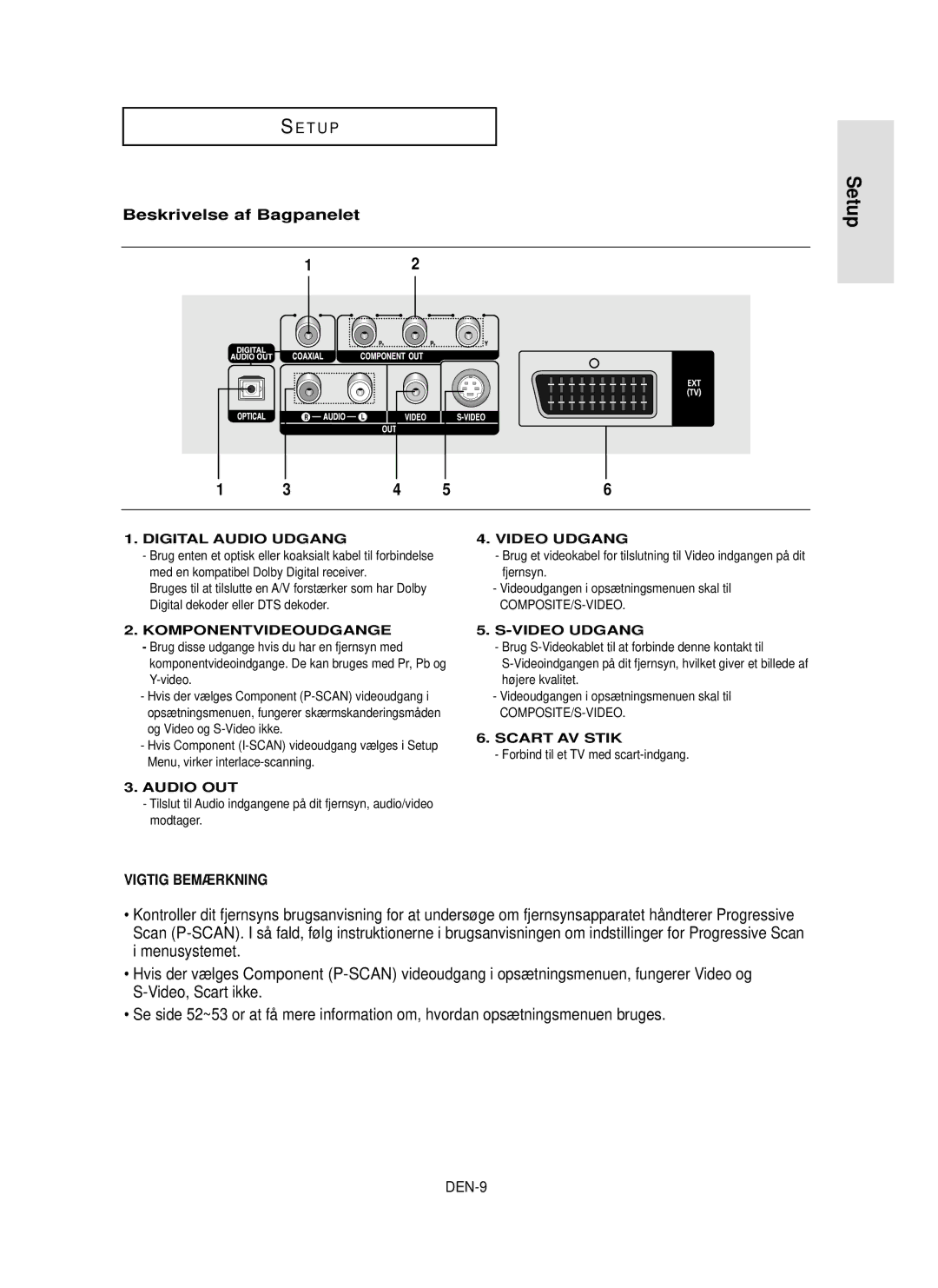 Samsung DVD-P355/XEE manual Component P-SCAN, Beskrivelse af Bagpanelet, Hvis der vælges 