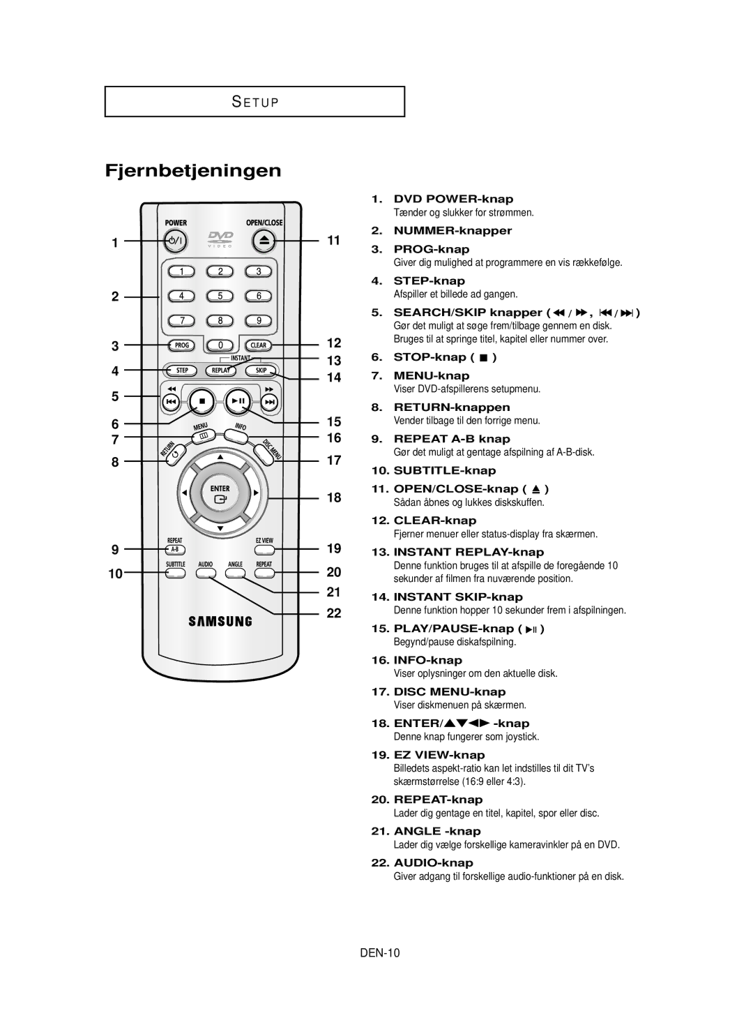 Samsung DVD-P355/XEE manual Fjernbetjeningen, DEN-10 