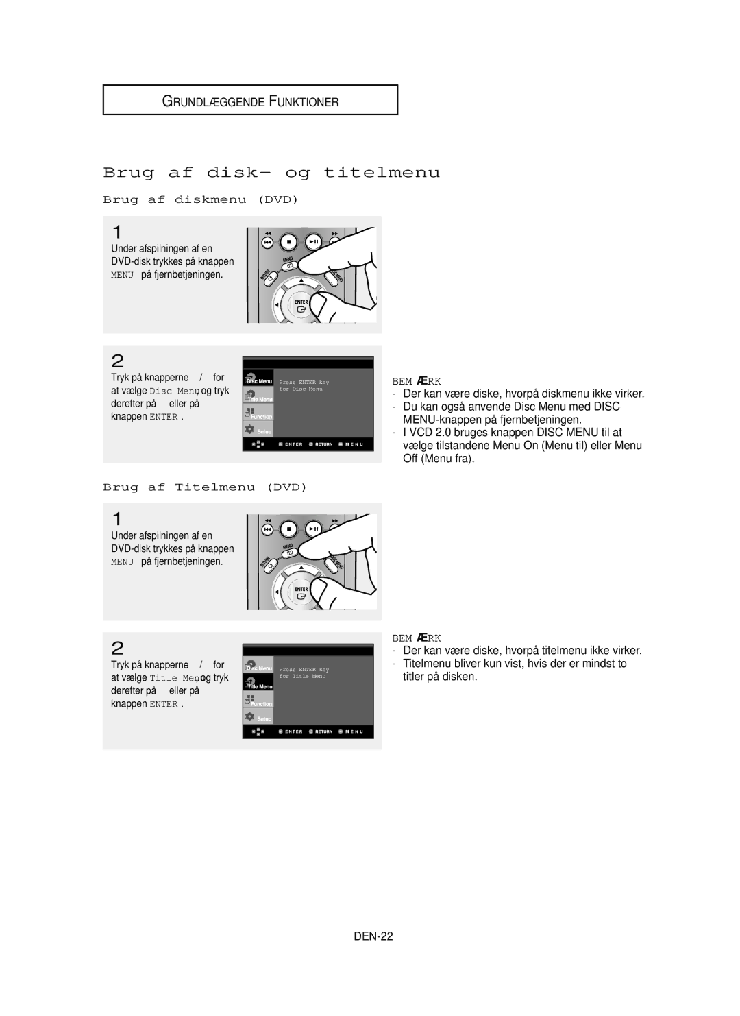 Samsung DVD-P355/XEE manual Brug af disk- og titelmenu, Brug af diskmenu DVD, Brug af Titelmenu DVD 