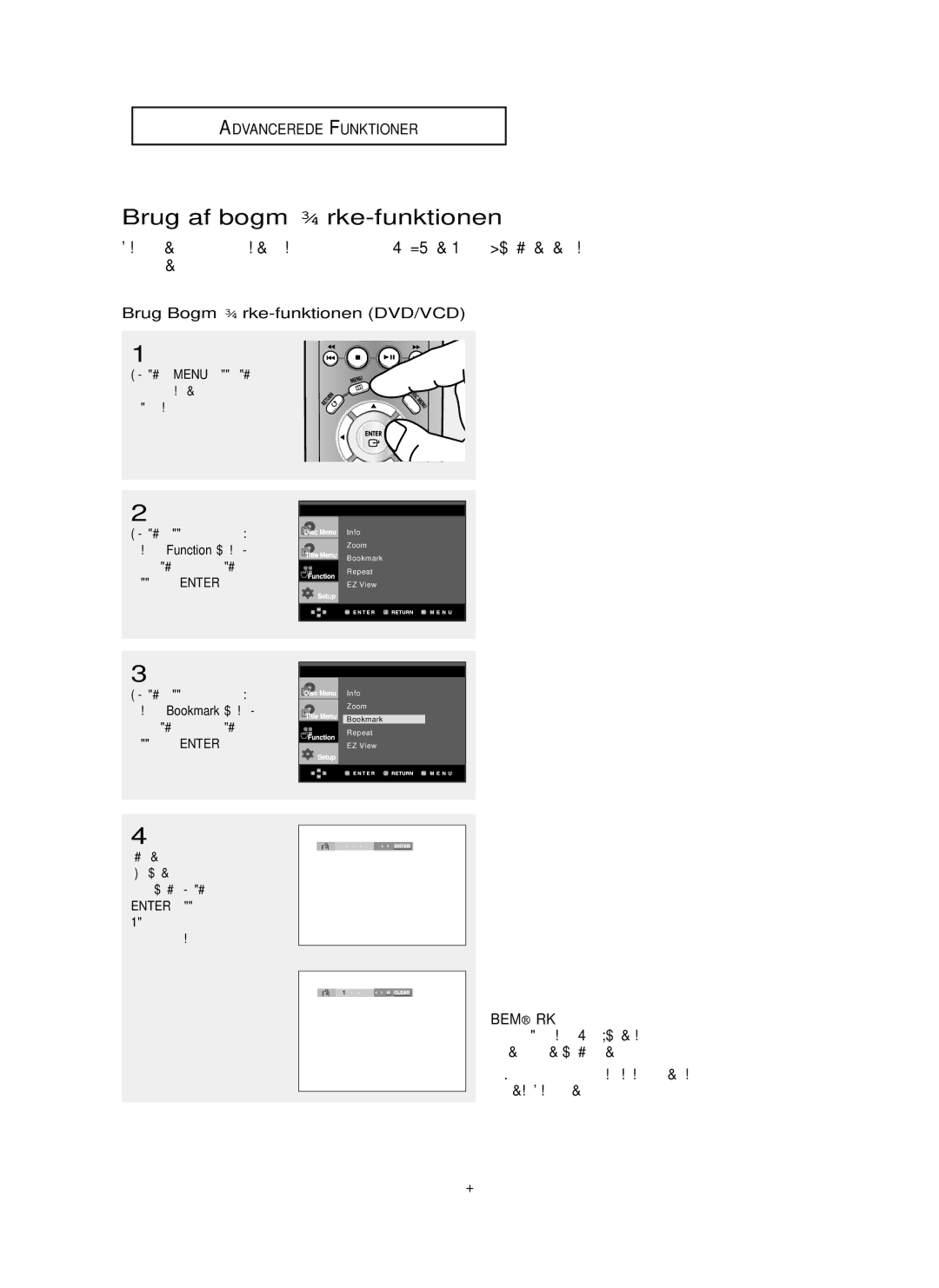 Samsung DVD-P355/XEE manual Brug af bogmærke-funktionen, Brug Bogmærke-funktionen DVD/VCD, DEN-32, Vælge Function, og tryk 