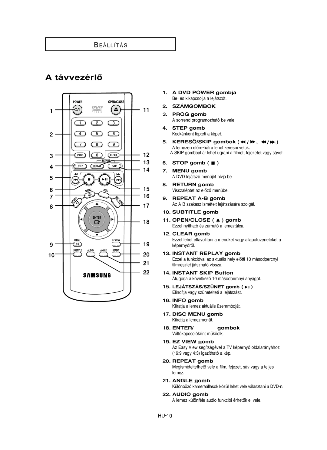 Samsung DVD-P355/XEH, DVD-P355/XEL, DVD-P355/SED manual TávvezérlŒ 