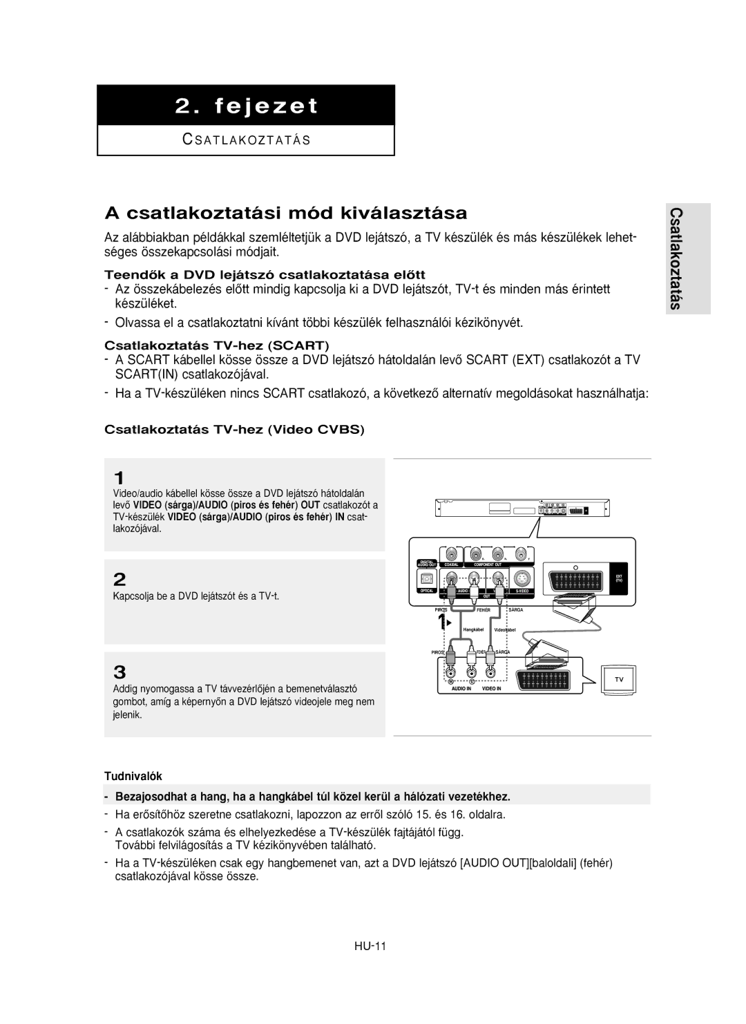 Samsung DVD-P355/SED, DVD-P355/XEL manual Csatlakoztatási mód kiválasztása, TeendŒk a DVD lejátszó csatlakoztatása elŒtt 