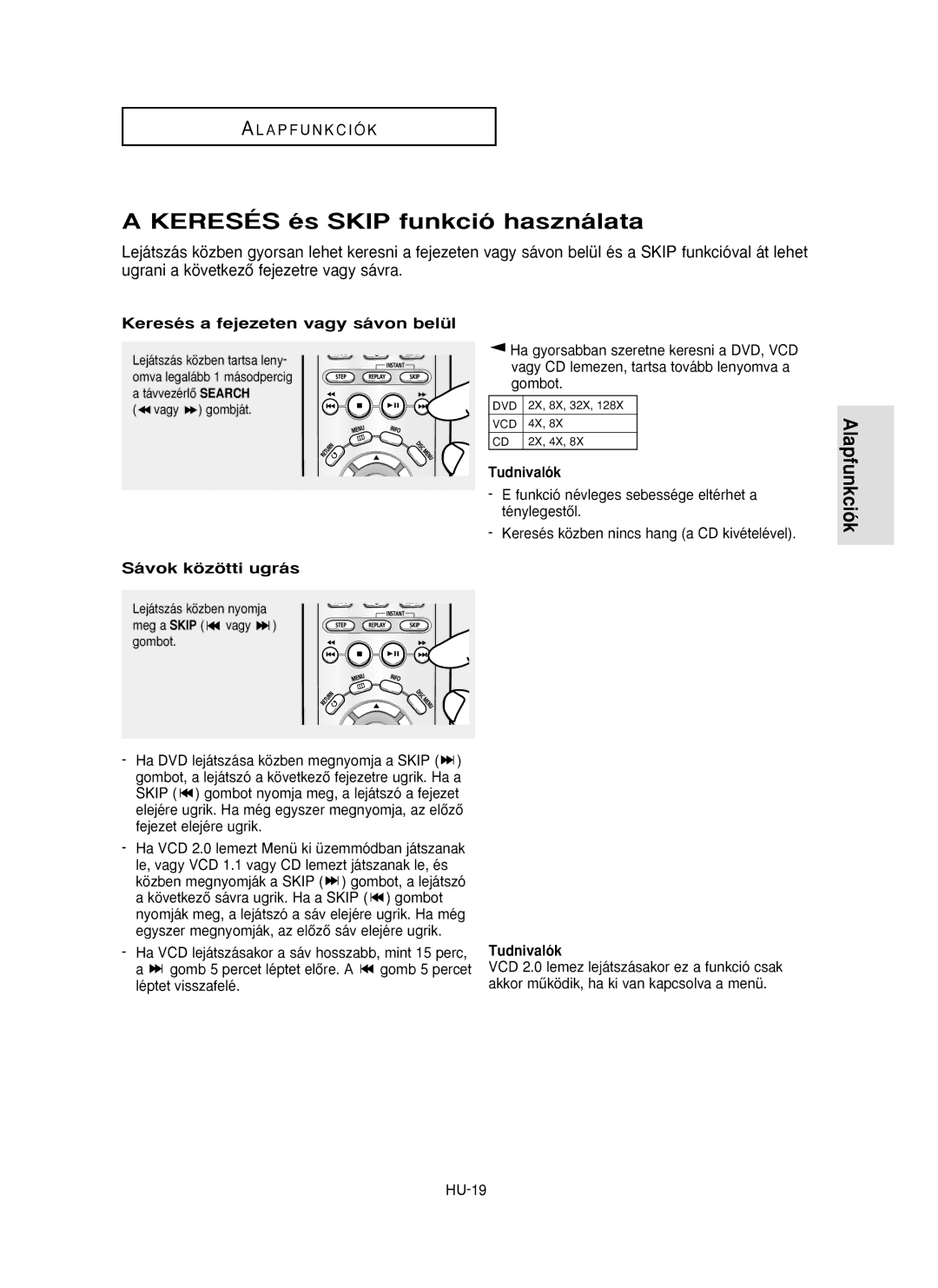 Samsung DVD-P355/XEH manual Keresés és Skip funkció használata, Keresés a fejezeten vagy sávon belül, Sávok közötti ugrás 