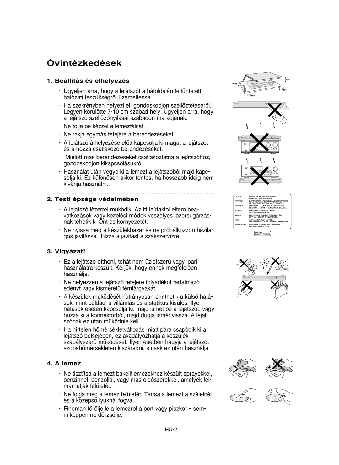 Samsung DVD-P355/SED, DVD-P355/XEL manual Óvintézkedések, Beállítás és elhelyezés, Testi épsége védelmében, Vigyázat, Lemez 