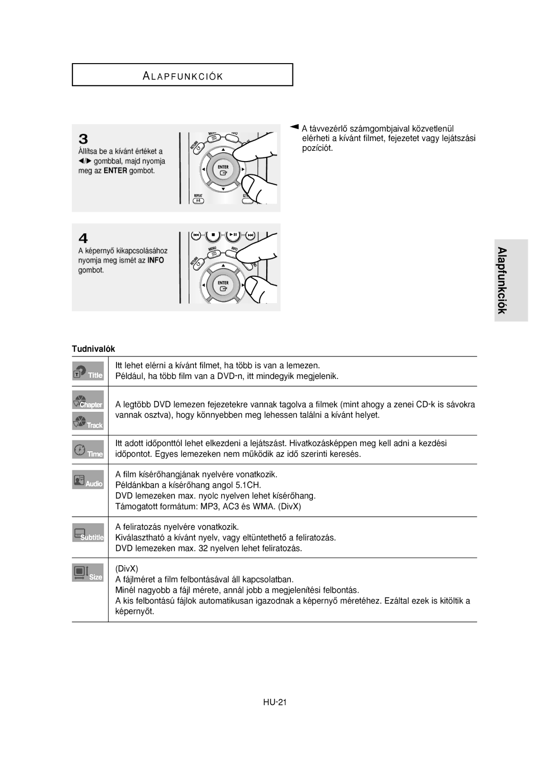 Samsung DVD-P355/XEL, DVD-P355/XEH, DVD-P355/SED manual Alapfunkciók 