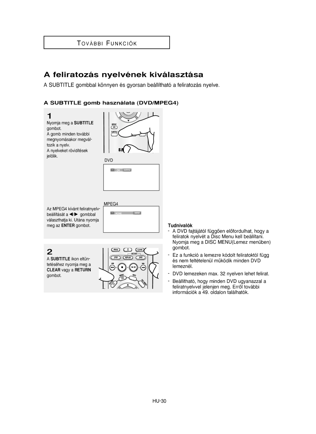 Samsung DVD-P355/XEL, DVD-P355/XEH, DVD-P355/SED Feliratozás nyelvének kiválasztása, Subtitle gomb használata DVD/MPEG4 