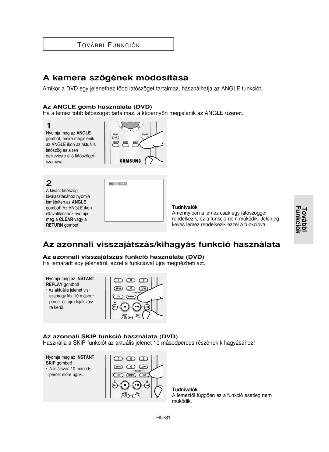 Samsung DVD-P355/XEH, DVD-P355/XEL manual Kamera szögének módosítása, Az azonnali visszajátszás/kihagyás funkció használata 