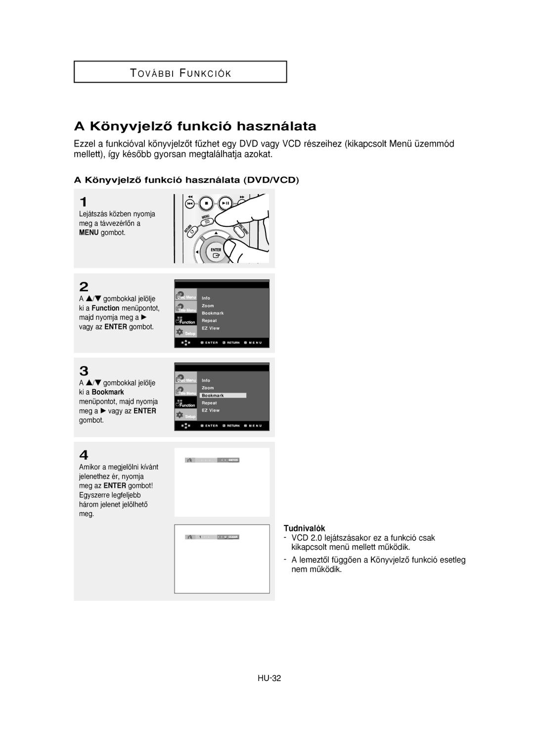 Samsung DVD-P355/SED, DVD-P355/XEL, DVD-P355/XEH manual KönyvjelzŒ funkció használata DVD/VCD 