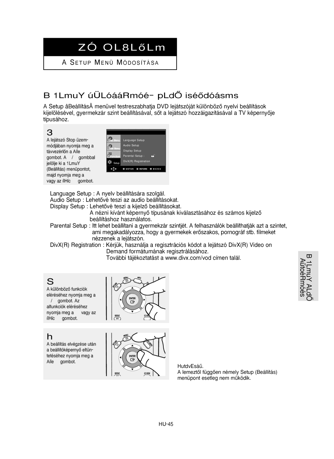 Samsung DVD-P355/XEL, DVD-P355/XEH manual Setup Beállítás menü használata, Language Setup a nyelv beállítására szolgál 