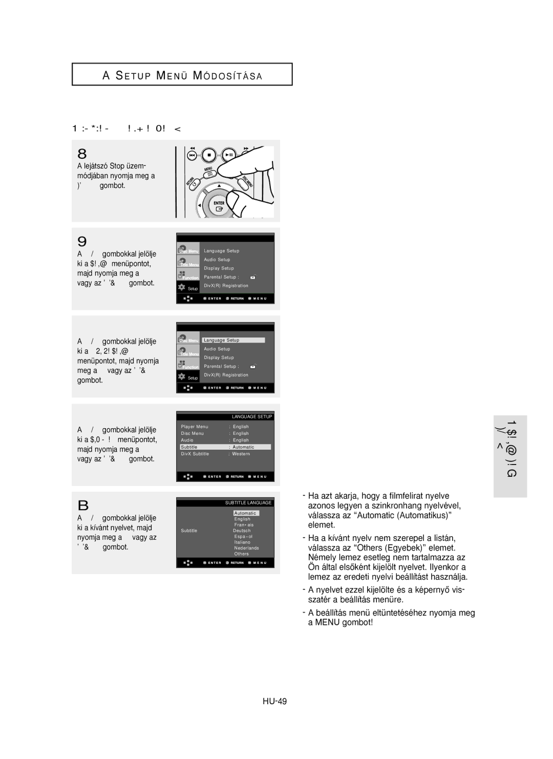 Samsung DVD-P355/XEH, DVD-P355/XEL, DVD-P355/SED manual Setup Menü Módosítása, Filmfelirat nyelvének beállítása 