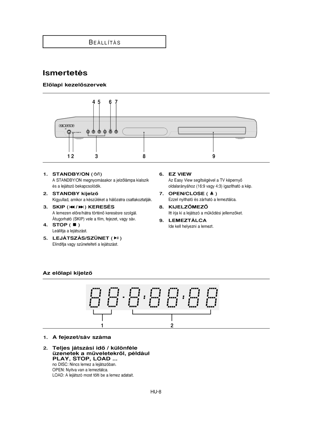 Samsung DVD-P355/SED, DVD-P355/XEL, DVD-P355/XEH manual Ismertetés, ElŒlapi kezelŒszervek 