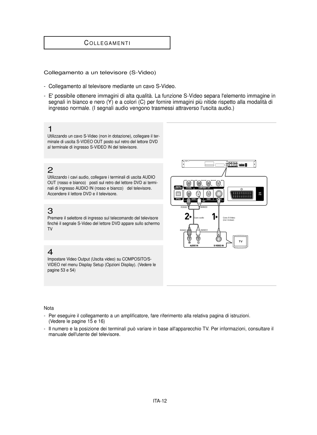 Samsung DVD-P355/XET Collegamento al televisore mediante un cavo S-Video, Collegamento a un televisore S-Video, ITA-12 