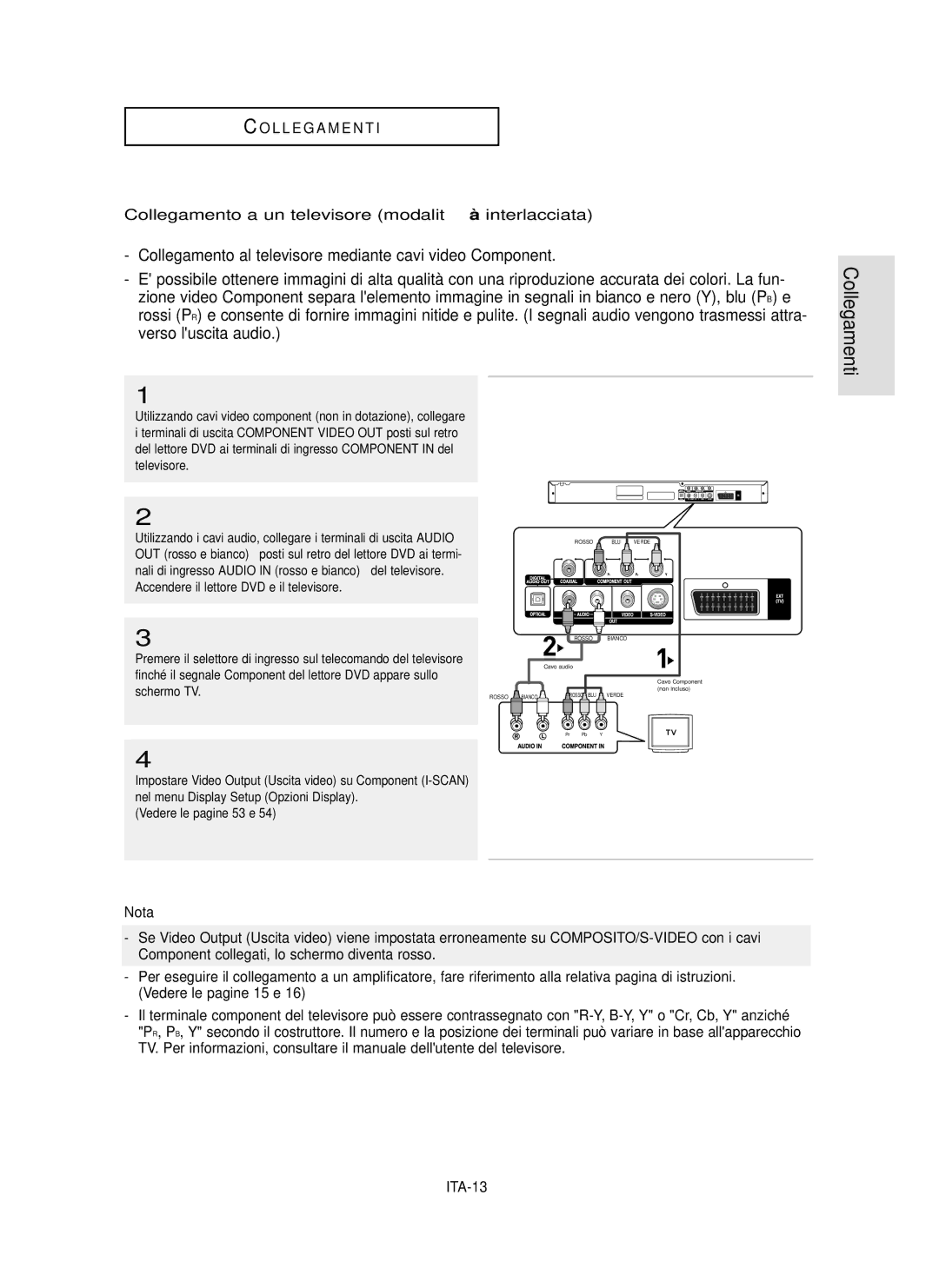 Samsung DVD-P355/XET manual Luscita audio, Collegamento a un televisore modalità interlacciata, ITA-13, Televisore 