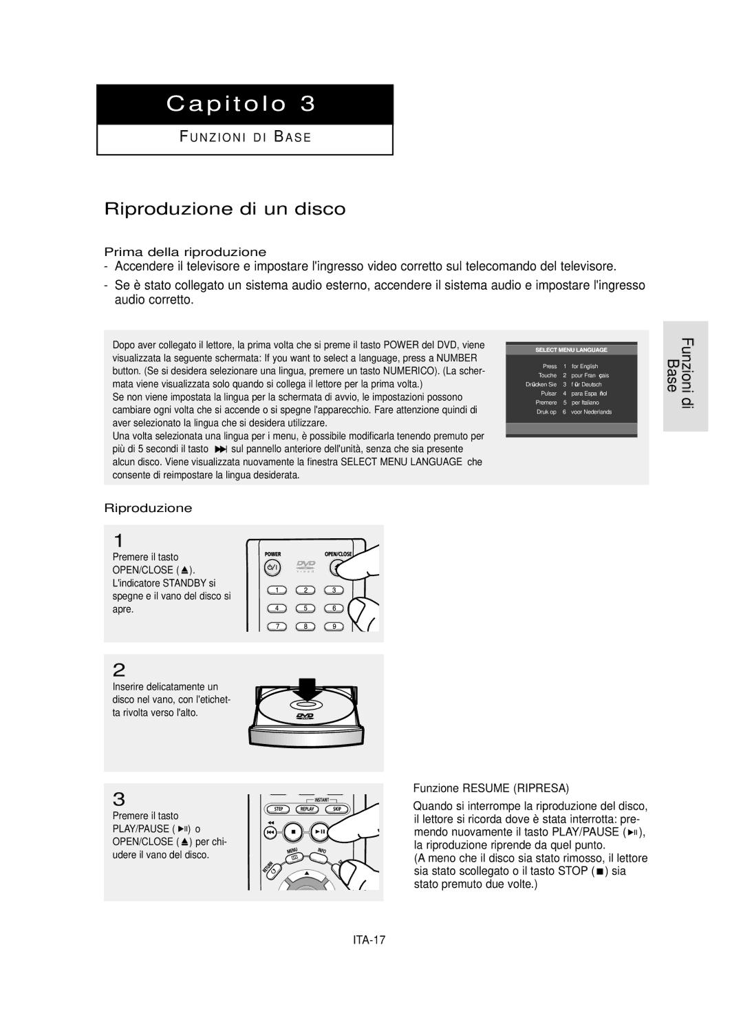 Samsung DVD-P355/XET manual Riproduzione di un disco, Prima della riproduzione, Funzione Resume Ripresa 