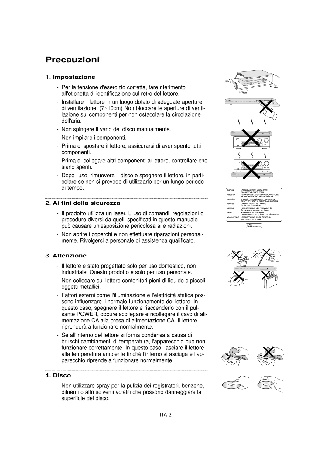 Samsung DVD-P355/XET manual Precauzioni, Impostazione, Ai fini della sicurezza, Attenzione, Disco 