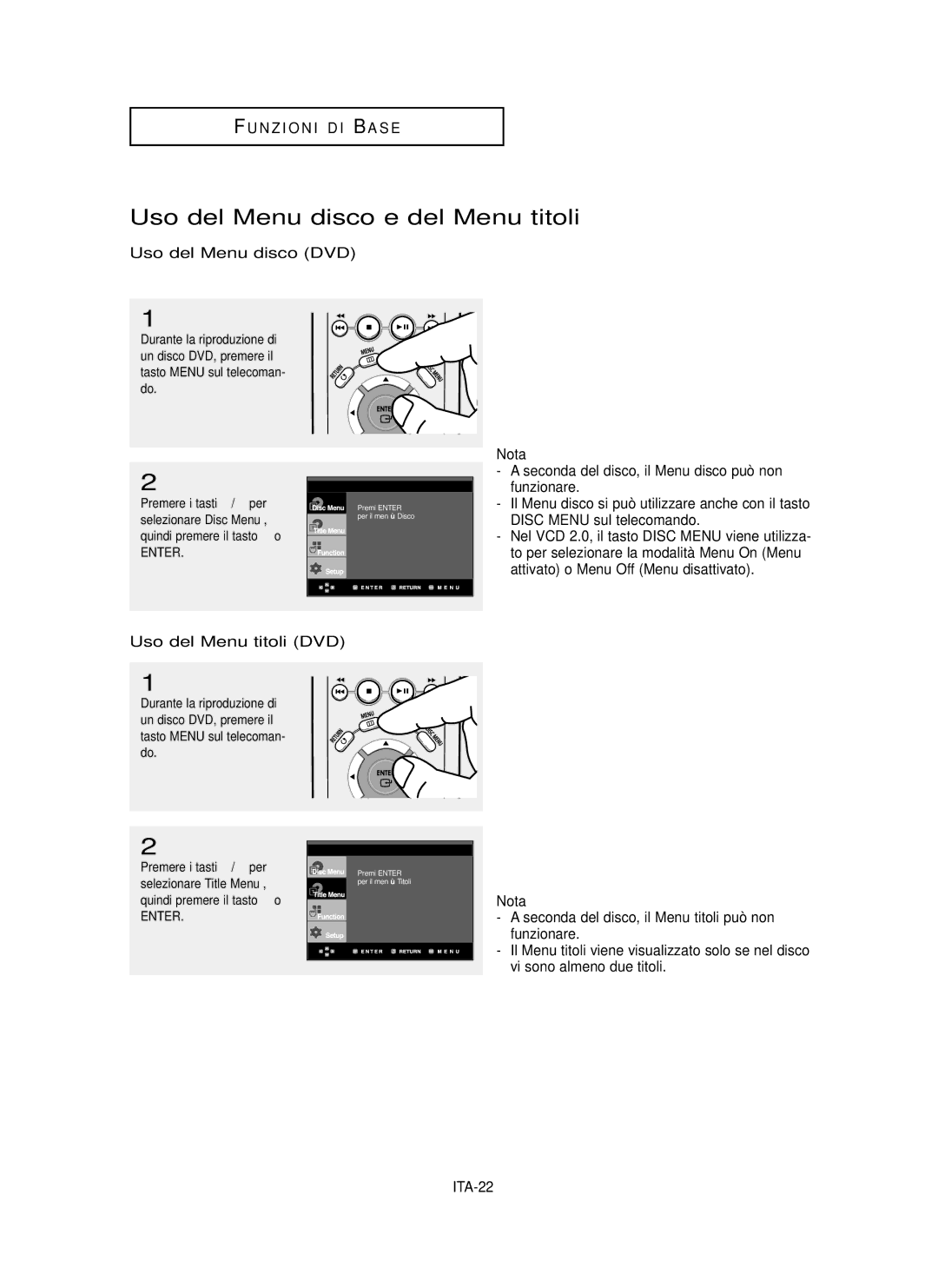 Samsung DVD-P355/XET manual Uso del Menu disco e del Menu titoli, Uso del Menu disco DVD, Uso del Menu titoli DVD, ITA-22 