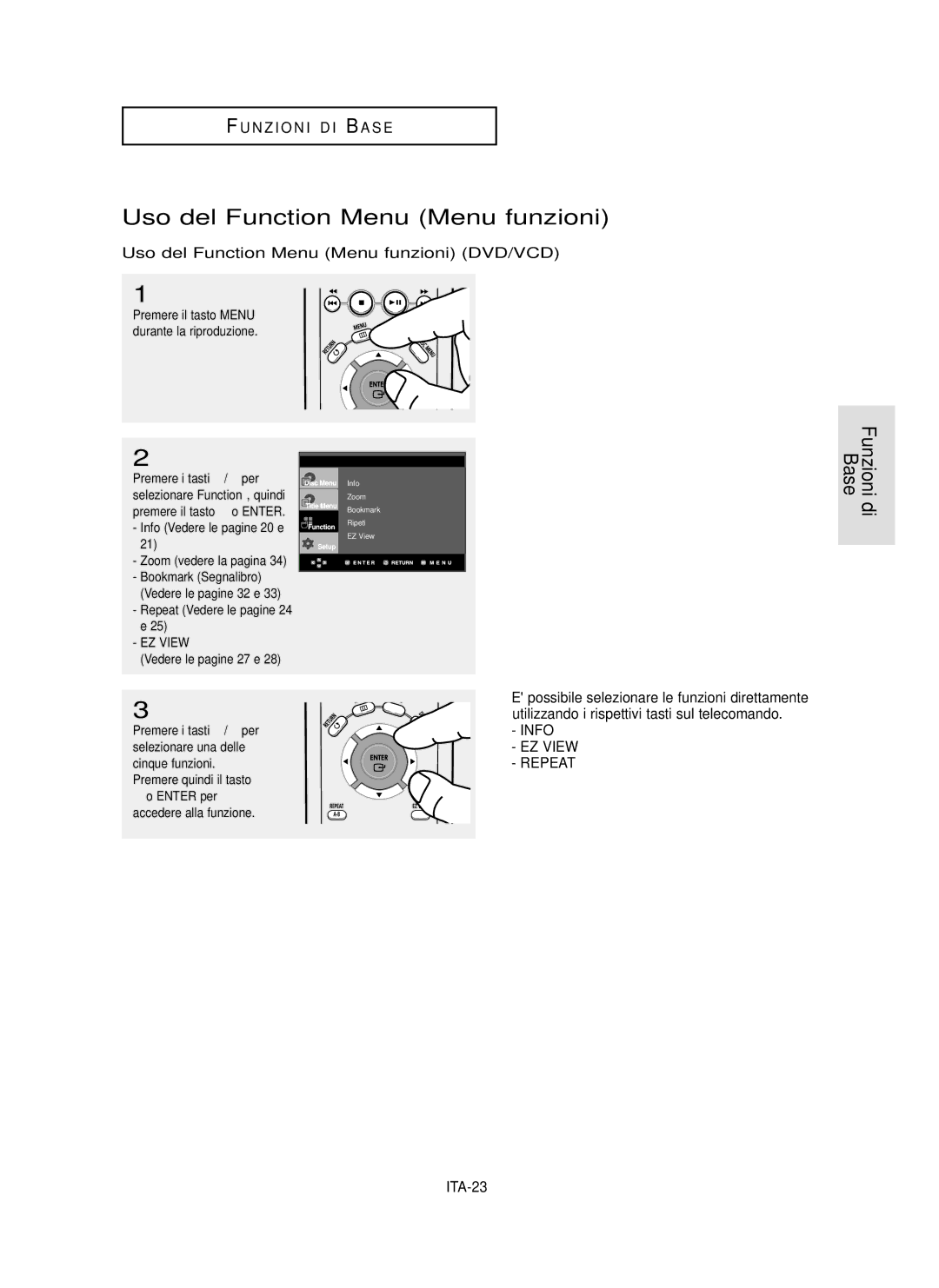 Samsung DVD-P355/XET manual Uso del Function Menu Menu funzioni DVD/VCD, ITA-23, √ o Enter 