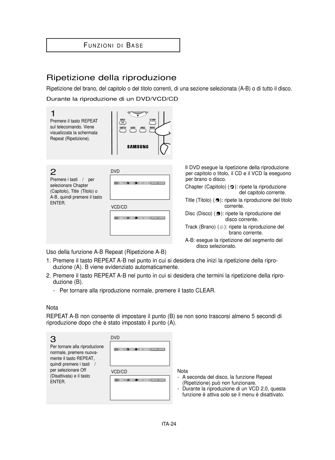 Samsung DVD-P355/XET Ripetizione della riproduzione, Durante la riproduzione di un DVD/VCD/CD, Corrente, Disco corrente 